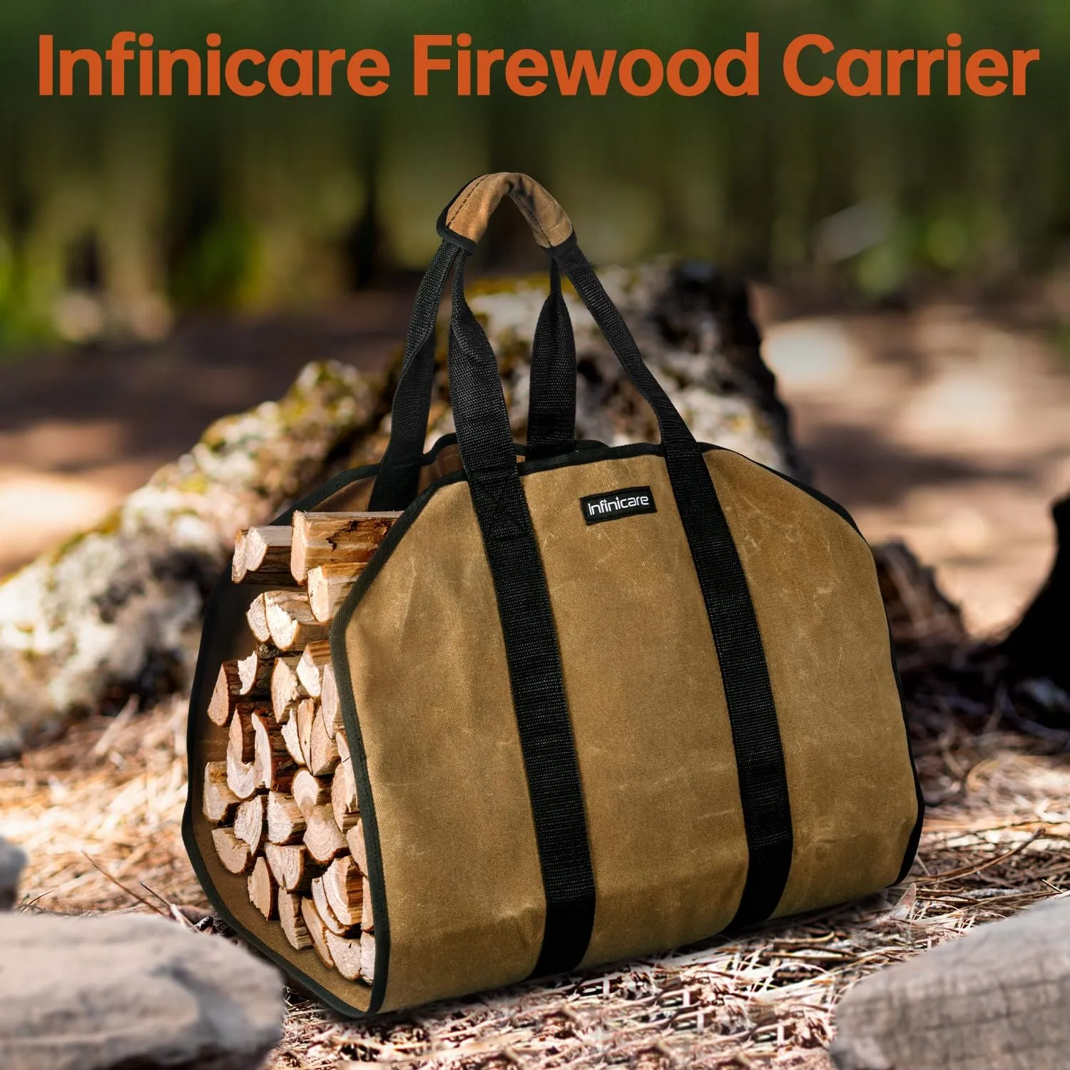 Firewood Carrier with Handles - 2pcs Heavy Duty Canvas Firewood Bag with Handles | Durable Wood Carrier for Firewood | Suitable for Indoor Fireplace and Outdoor Camping - Brown & Black
