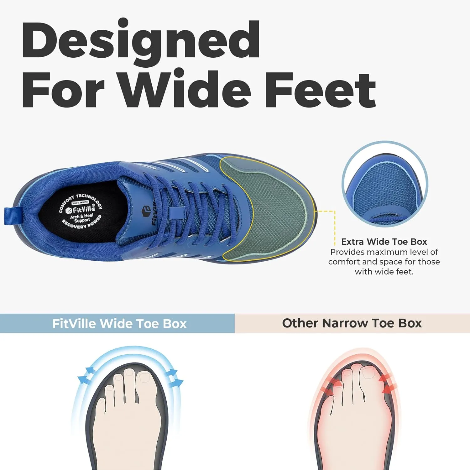FitVille Extra Wide Sneakers for Men with Wide Toe Box Lightweight Running Shoes for Diabetic Men, Flat Feet, Heel Pain & Plantar Fasciitis Relief
