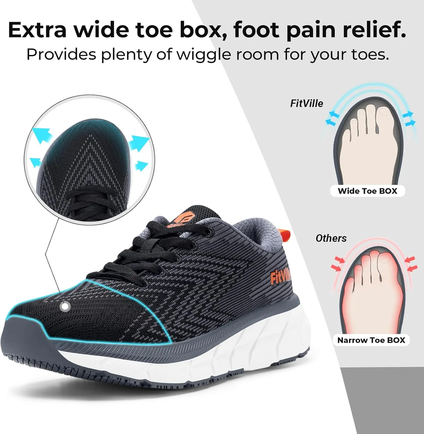 FitVille Wide Walking Shoes for Men Comfortable Lightweight Running Wide Toe Box Shoes for Men Non Slip Cushioned