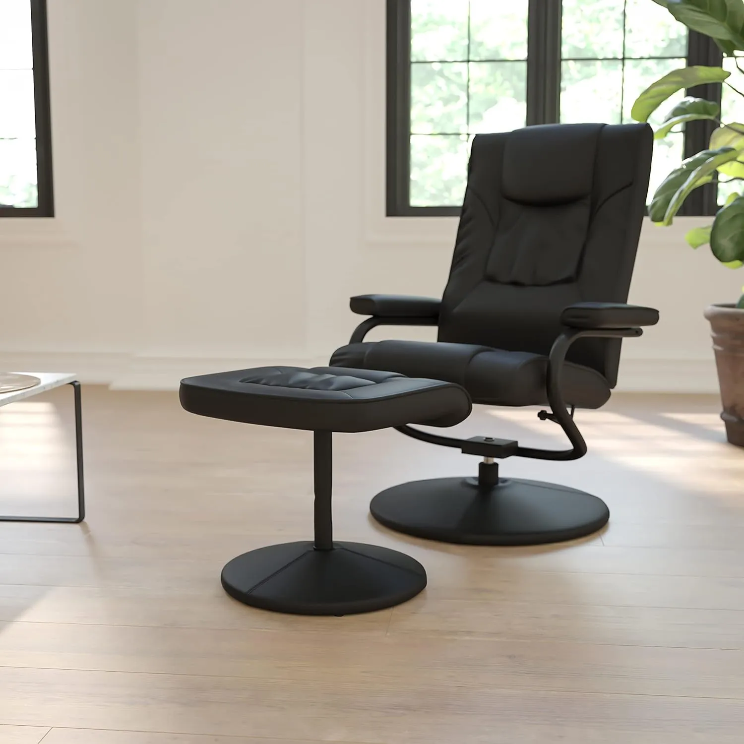 Flash Furniture Rachel Contemporary Multi-Position LeatherSoft Recliner Chair with Ottoman, 360-Degree Swivel Recliner Chair and Ottoman Set, Black