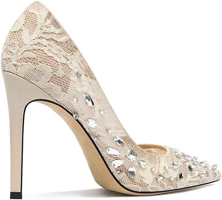 Floral Heels for Women Lace with Rhinestone Crystal Sheer Mesh Pointed Toe Pumps Kitten Stiletto Closed Toe Slip On 4 Inches Heeled Wedding Dress Party Bridal Shoes