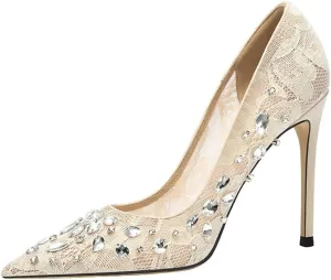 Floral Heels for Women Lace with Rhinestone Crystal Sheer Mesh Pointed Toe Pumps Kitten Stiletto Closed Toe Slip On 4 Inches Heeled Wedding Dress Party Bridal Shoes