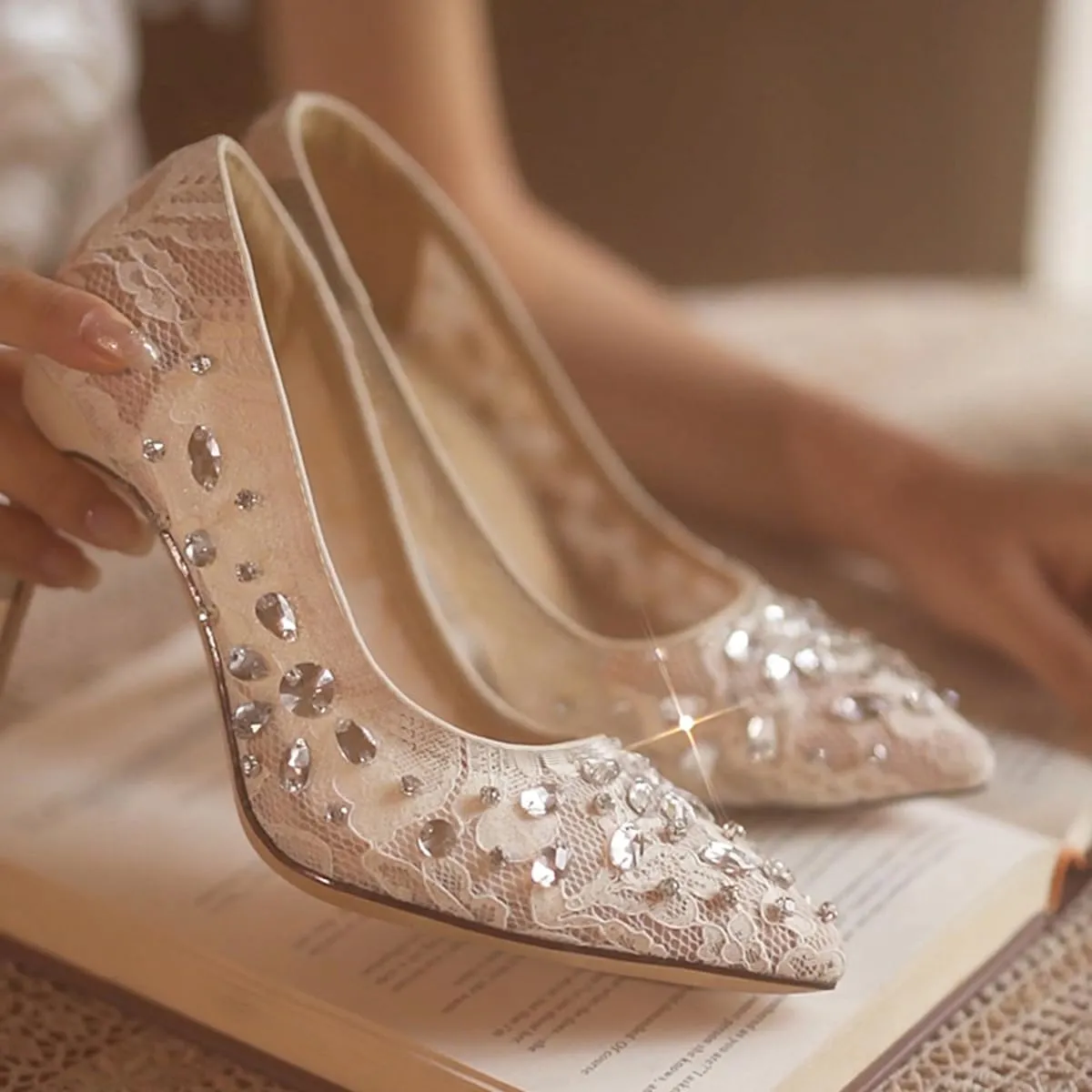 Floral Heels for Women Lace with Rhinestone Crystal Sheer Mesh Pointed Toe Pumps Kitten Stiletto Closed Toe Slip On 4 Inches Heeled Wedding Dress Party Bridal Shoes