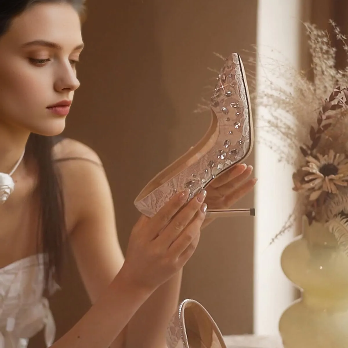 Floral Heels for Women Lace with Rhinestone Crystal Sheer Mesh Pointed Toe Pumps Kitten Stiletto Closed Toe Slip On 4 Inches Heeled Wedding Dress Party Bridal Shoes