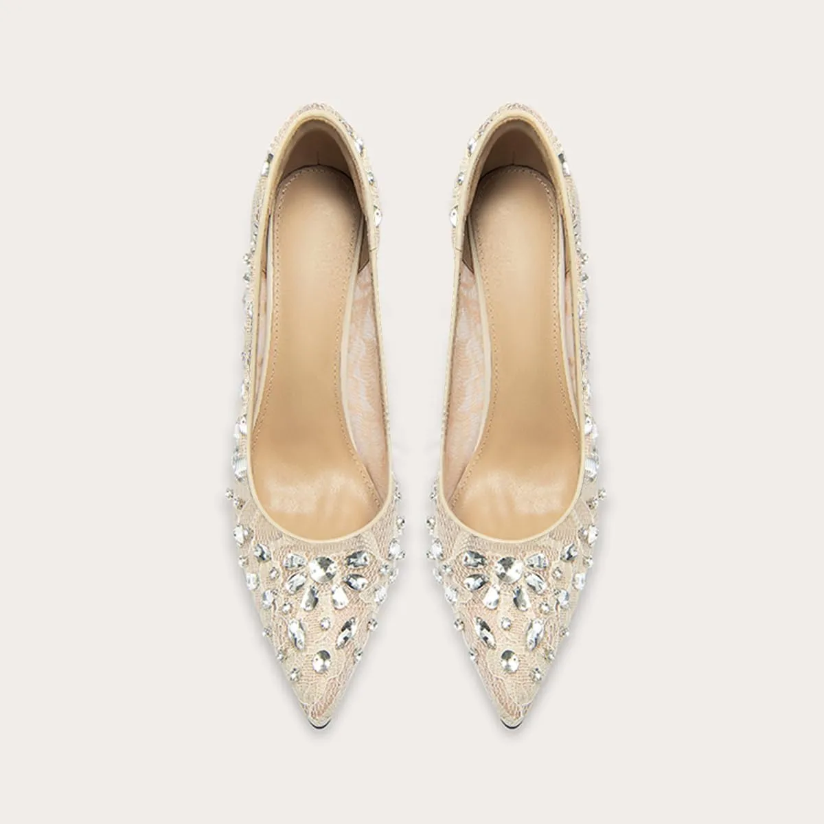 Floral Heels for Women Lace with Rhinestone Crystal Sheer Mesh Pointed Toe Pumps Kitten Stiletto Closed Toe Slip On 4 Inches Heeled Wedding Dress Party Bridal Shoes