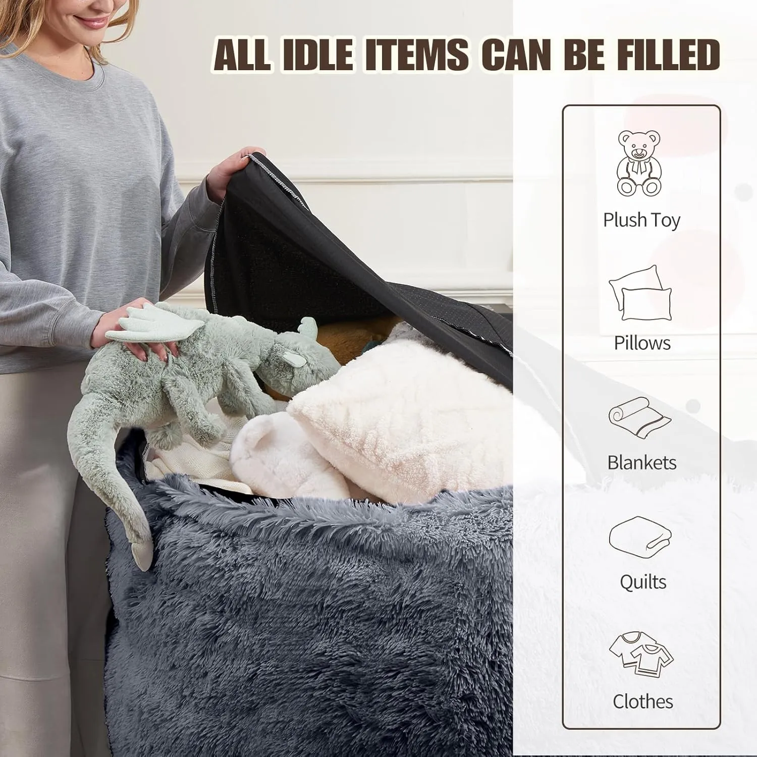 Fluffy Comfy Faux Fur Bean Bag Without Filler Included, Toddler Stuffed Animal Bean Bag Machine Washable, Living Room Bedroom Furniture Outside Cover