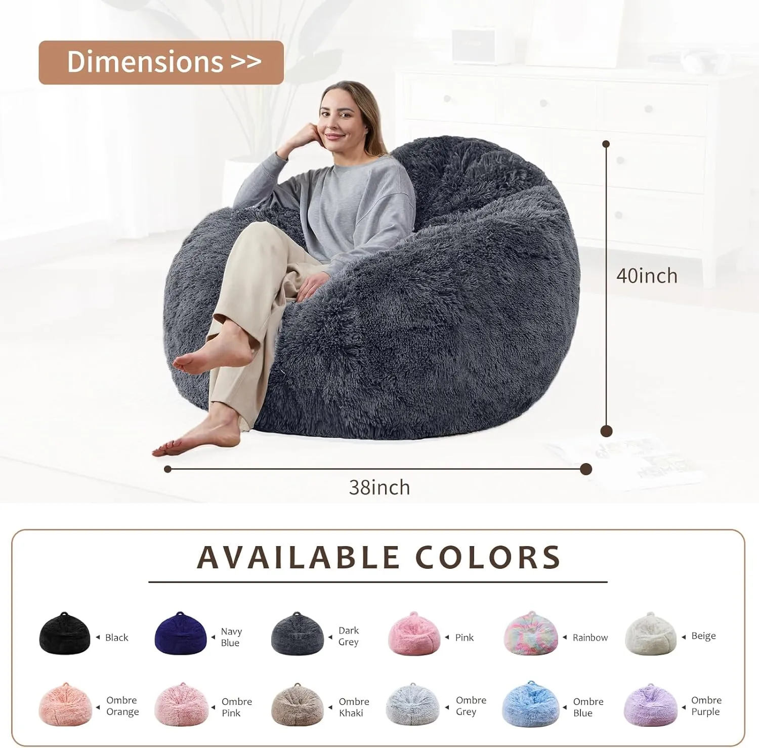 Fluffy Comfy Faux Fur Bean Bag Without Filler Included, Toddler Stuffed Animal Bean Bag Machine Washable, Living Room Bedroom Furniture Outside Cover