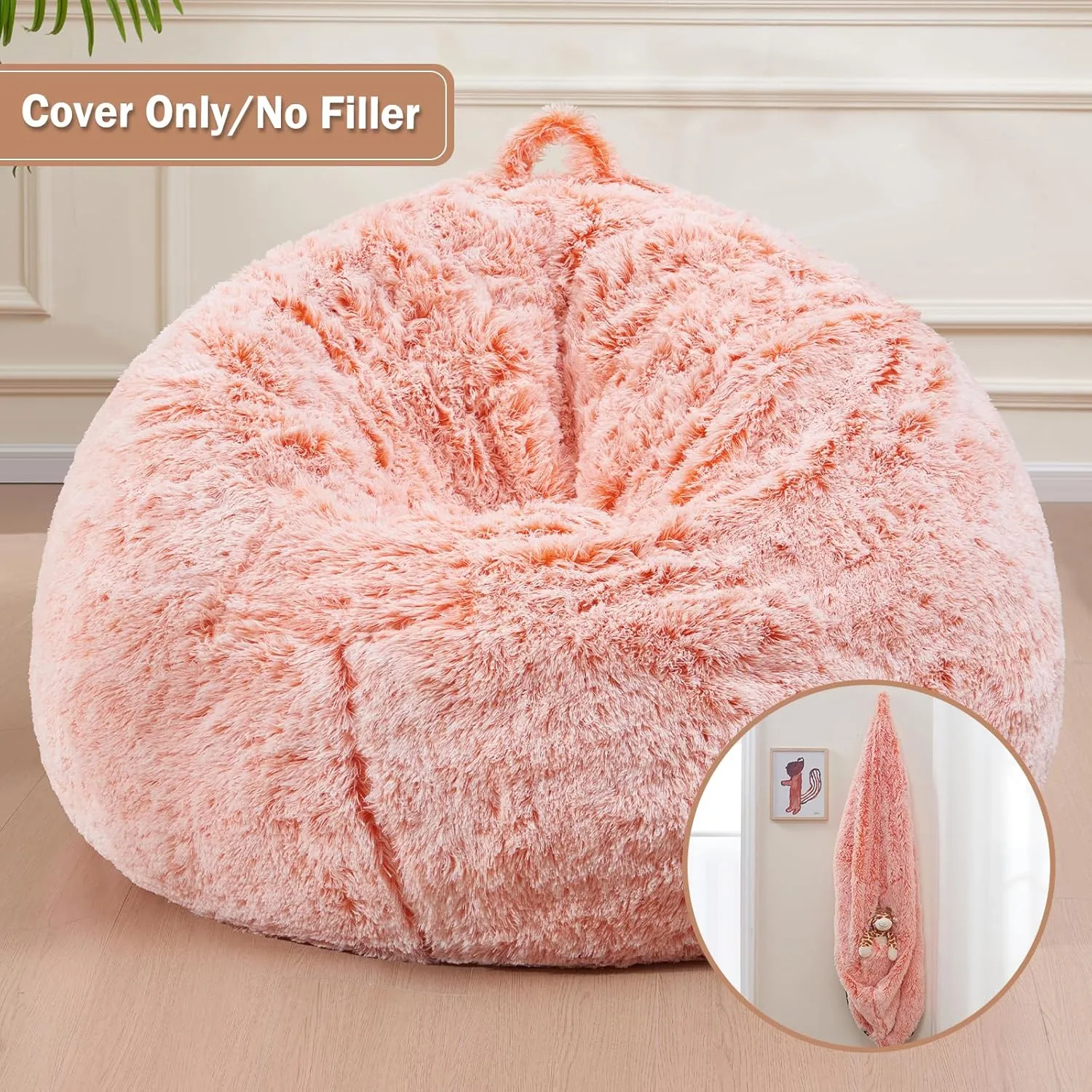 Fluffy Comfy Faux Fur Bean Bag Without Filler Included, Toddler Stuffed Animal Bean Bag Machine Washable, Living Room Bedroom Furniture Outside Cover