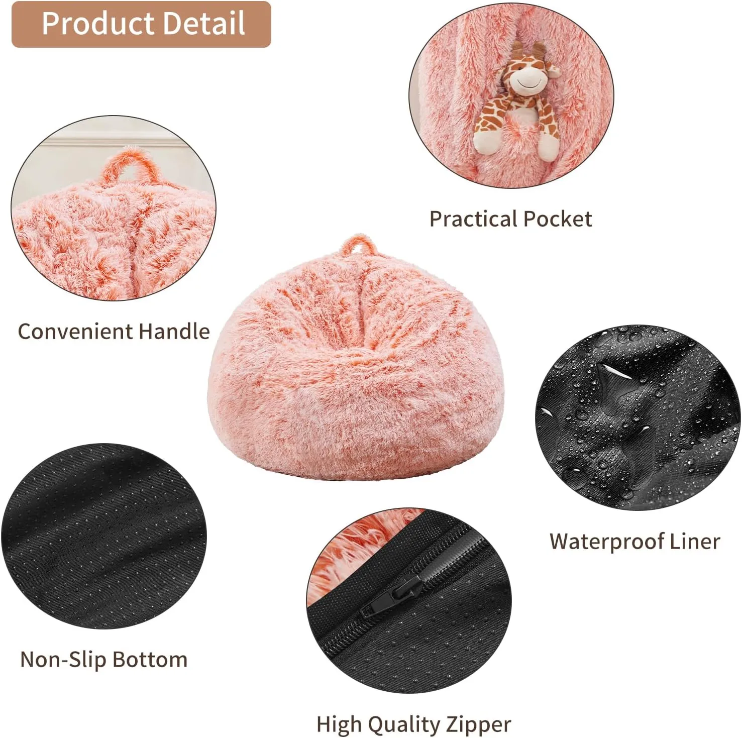 Fluffy Comfy Faux Fur Bean Bag Without Filler Included, Toddler Stuffed Animal Bean Bag Machine Washable, Living Room Bedroom Furniture Outside Cover