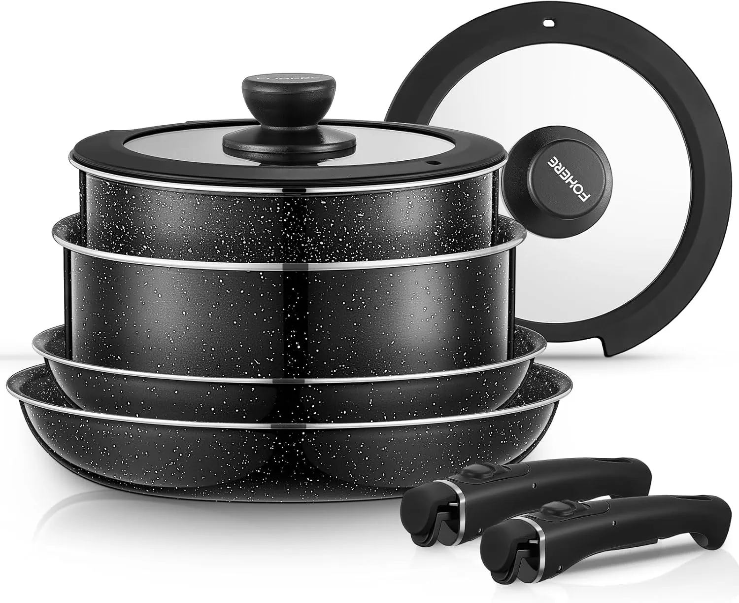 FOHERE 8pcs Pots and Pans Set with 2 Detachable Handles, Aluminum Nonstick Cookware Set, Induction Pan Set, RV Cookware Set, Oven Safe, Stackable