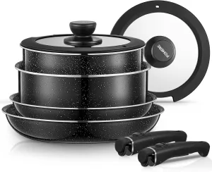 FOHERE 8pcs Pots and Pans Set with 2 Detachable Handles, Aluminum Nonstick Cookware Set, Induction Pan Set, RV Cookware Set, Oven Safe, Stackable