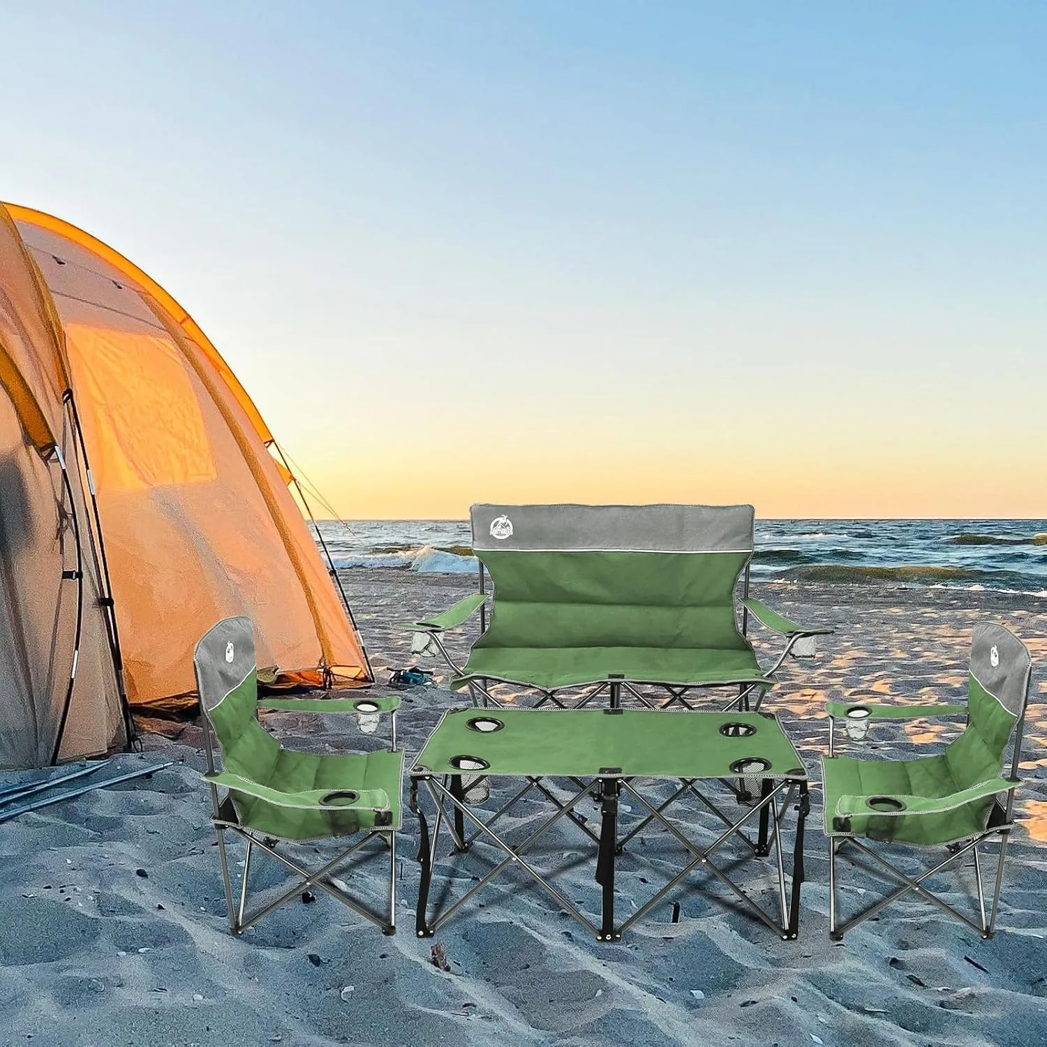 Folding Camping Chair Set of 4, Portable Collapsible Conversation Set w/1 Sofa, 2 Single Chairs, 1 Table for Family Patio, Outdoor Travel, Beach(Green)