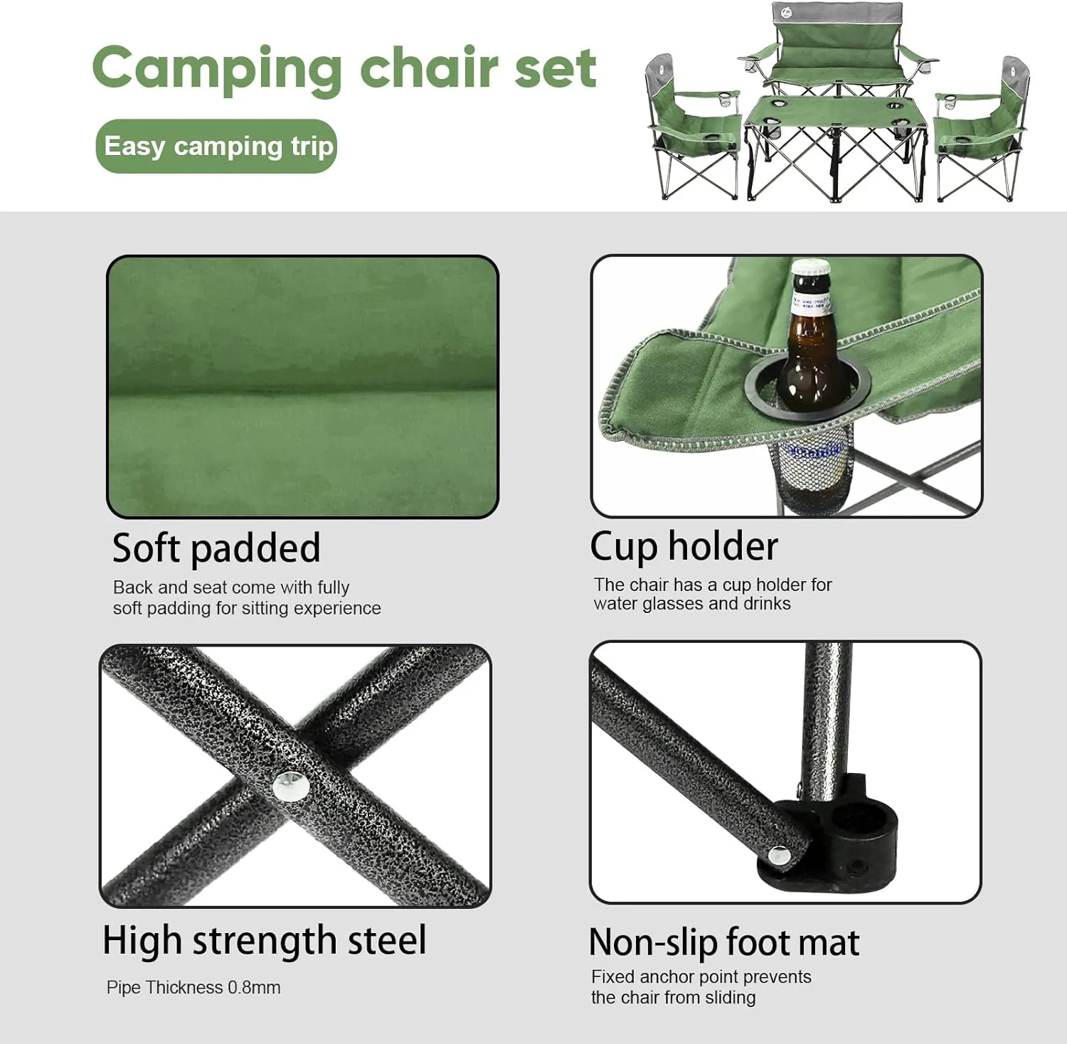 Folding Camping Chair Set of 4, Portable Collapsible Conversation Set w/1 Sofa, 2 Single Chairs, 1 Table for Family Patio, Outdoor Travel, Beach(Green)