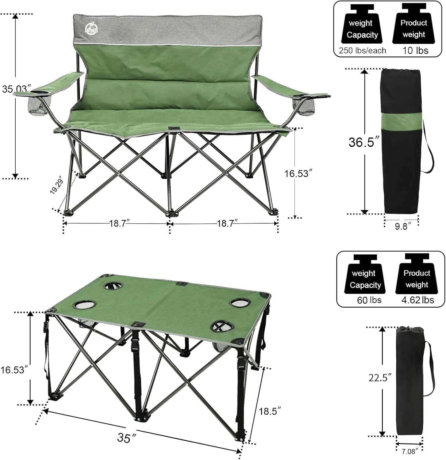 Folding Camping Chair Set of 4, Portable Collapsible Conversation Set w/1 Sofa, 2 Single Chairs, 1 Table for Family Patio, Outdoor Travel, Beach(Green)
