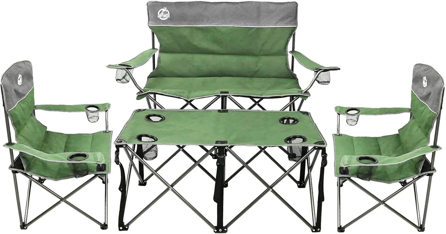 Folding Camping Chair Set of 4, Portable Collapsible Conversation Set w/1 Sofa, 2 Single Chairs, 1 Table for Family Patio, Outdoor Travel, Beach(Green)