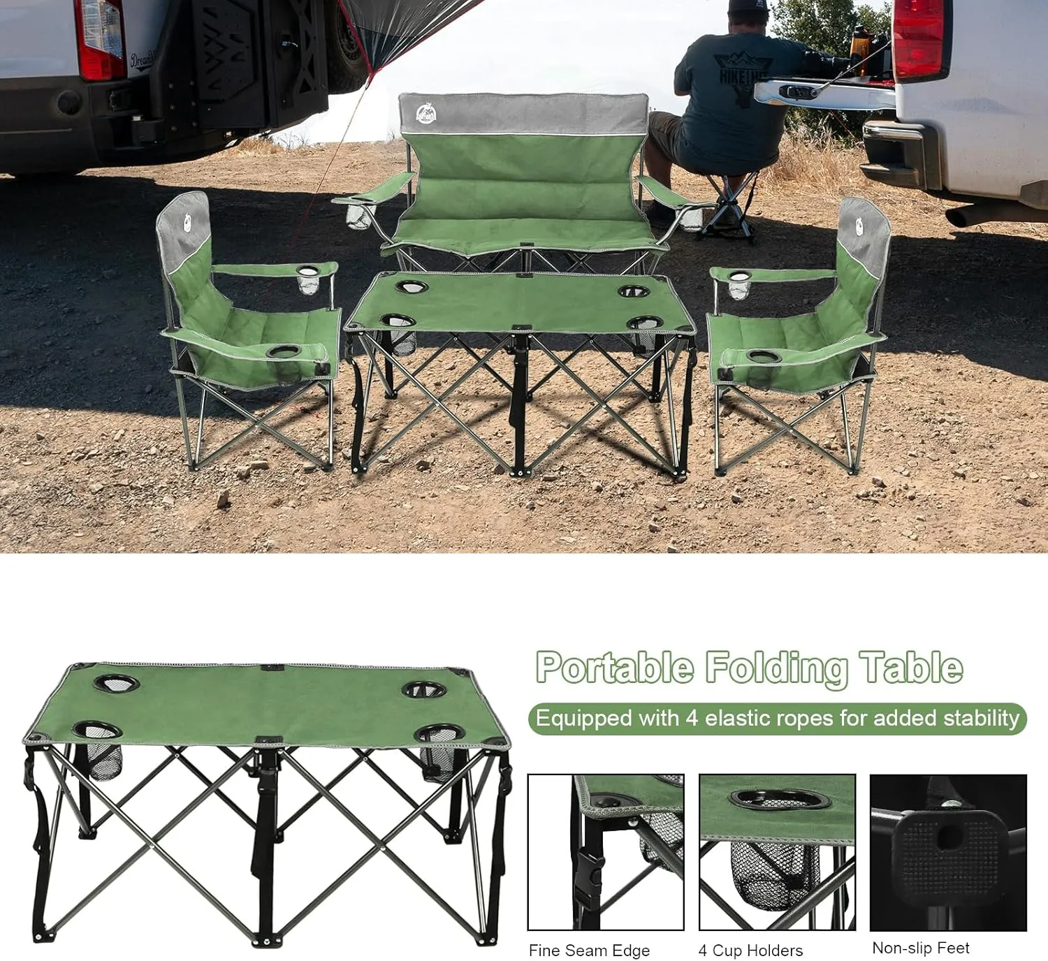 Folding Camping Chair Set of 4, Portable Collapsible Conversation Set w/1 Sofa, 2 Single Chairs, 1 Table for Family Patio, Outdoor Travel, Beach(Green)
