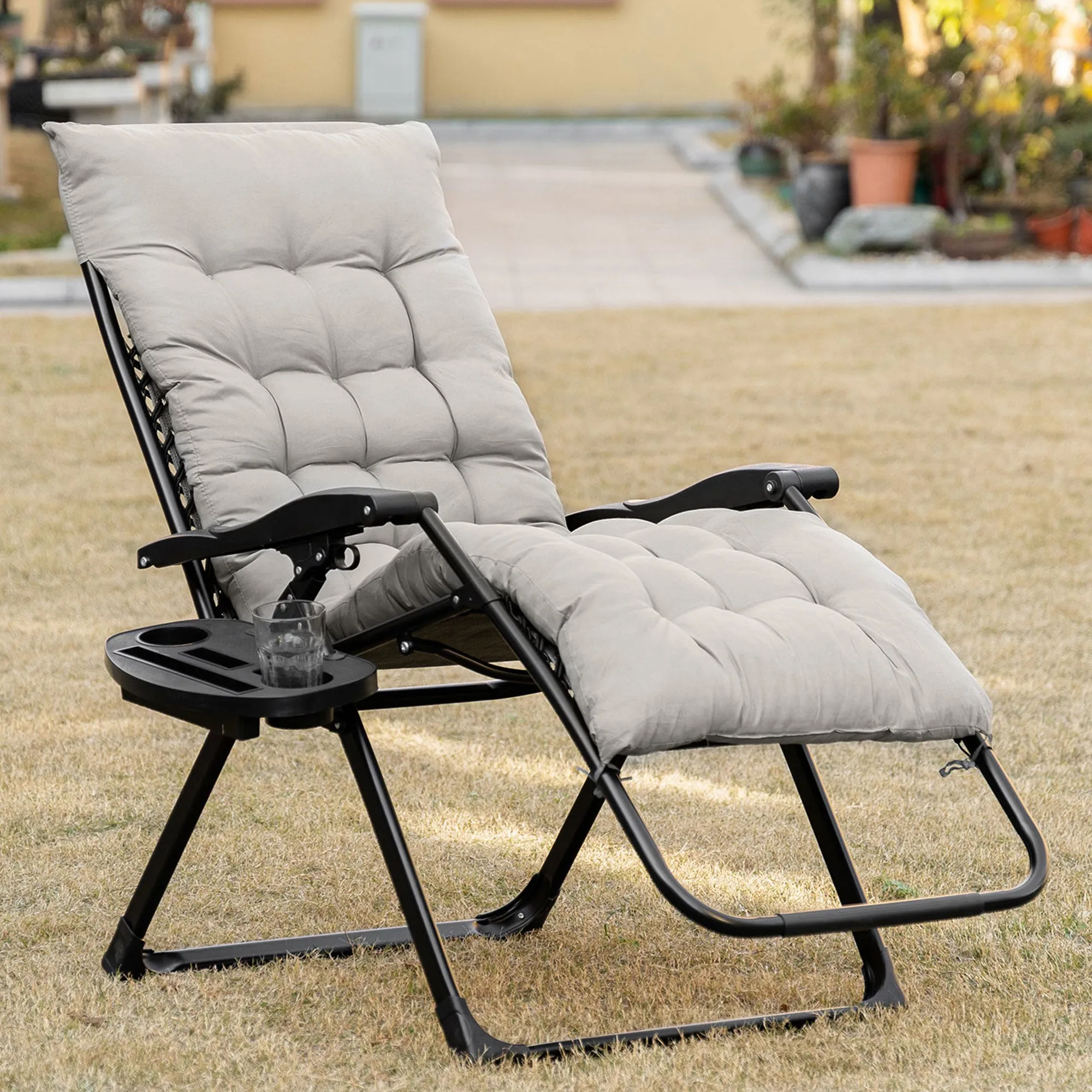 Folding Zero Gravity Recliner Chair with Cup Holder & Padded Cushion, Gray