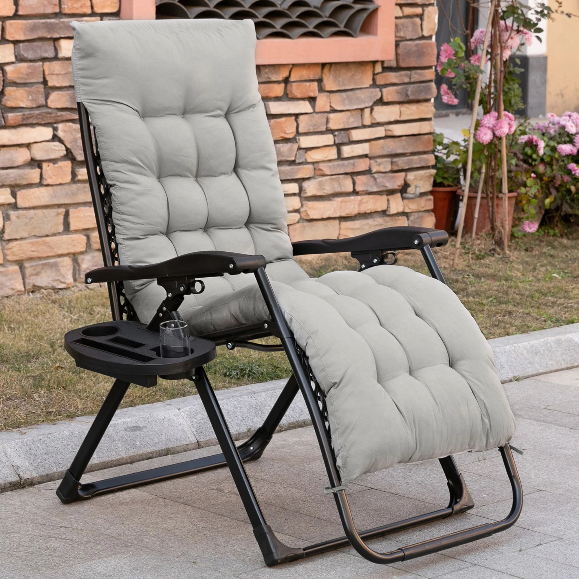 Folding Zero Gravity Recliner Chair with Cup Holder & Padded Cushion, Gray