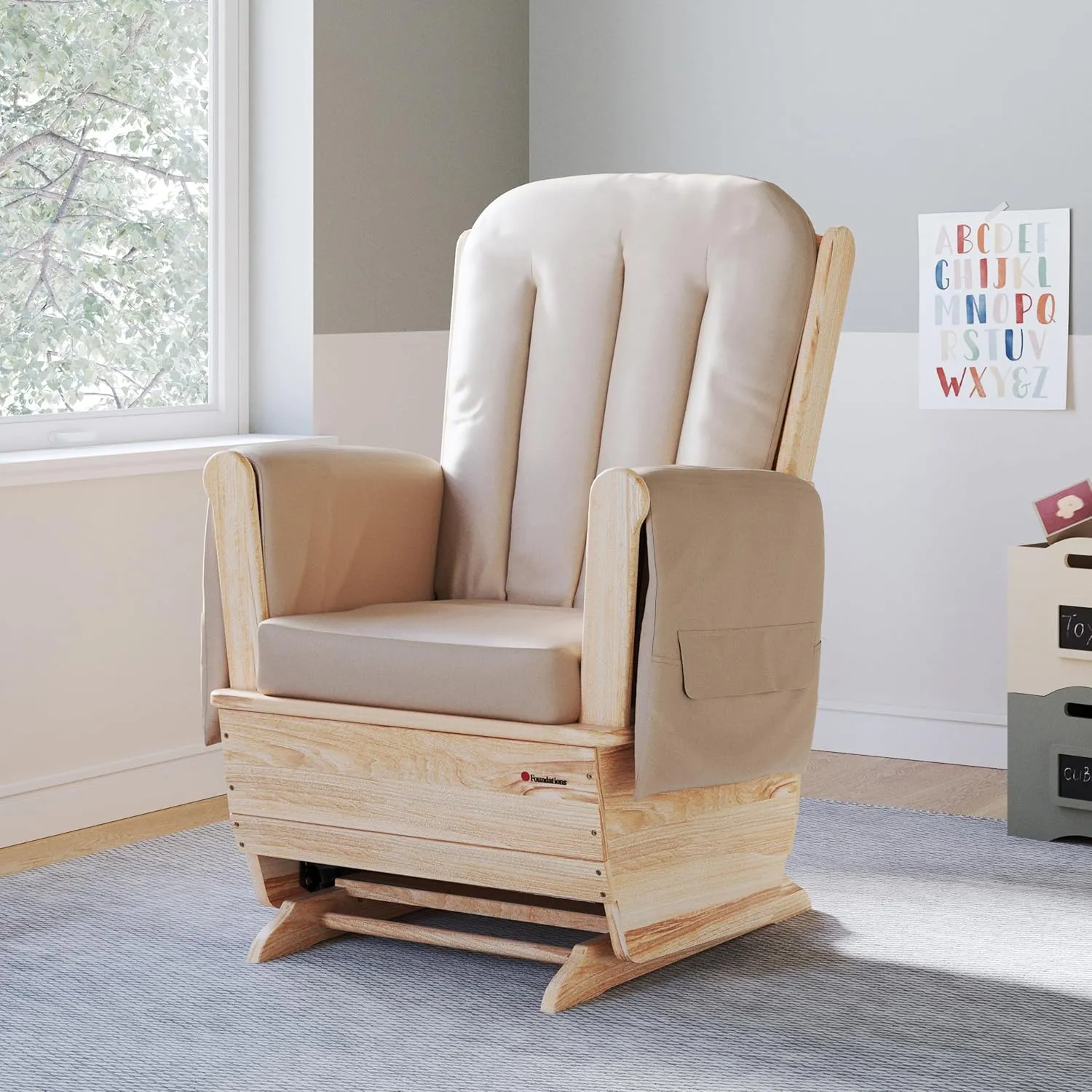 Foundations SafeRocker Standard Glider Rocker - Baby Feeding and Rocking Chair for Nursery, Daycare Environment - Nursery Rocking Chairs with Wood Skirt Base - Tan Vinyl