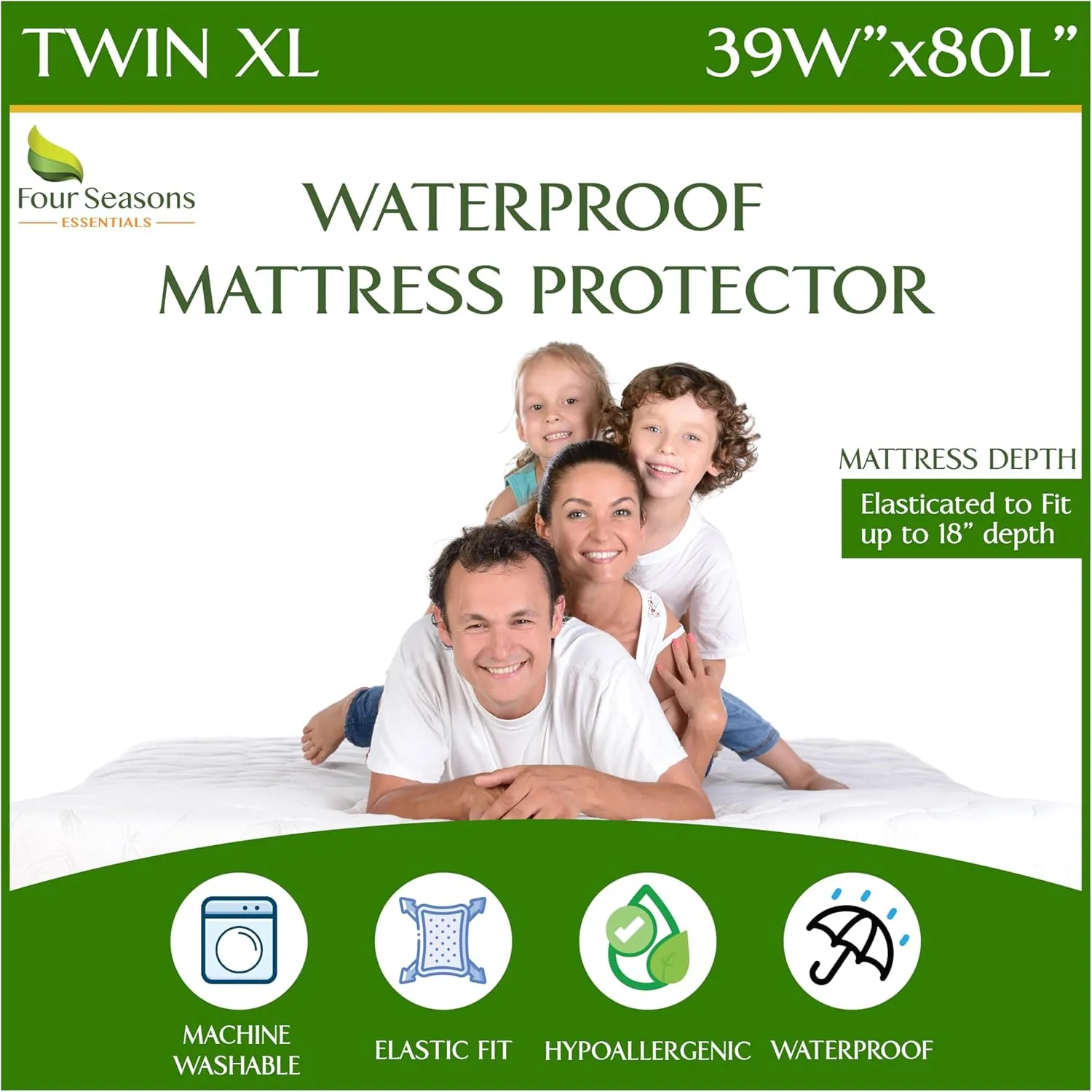 Four Seasons Essentials Twin Extra Long (XL) Size Waterproof Mattress Protector - Cooling Viscose derived from Bamboo Fitted Sheet Mattress Cover - Quilted Jacquard Pad Protects from Dust Allergens