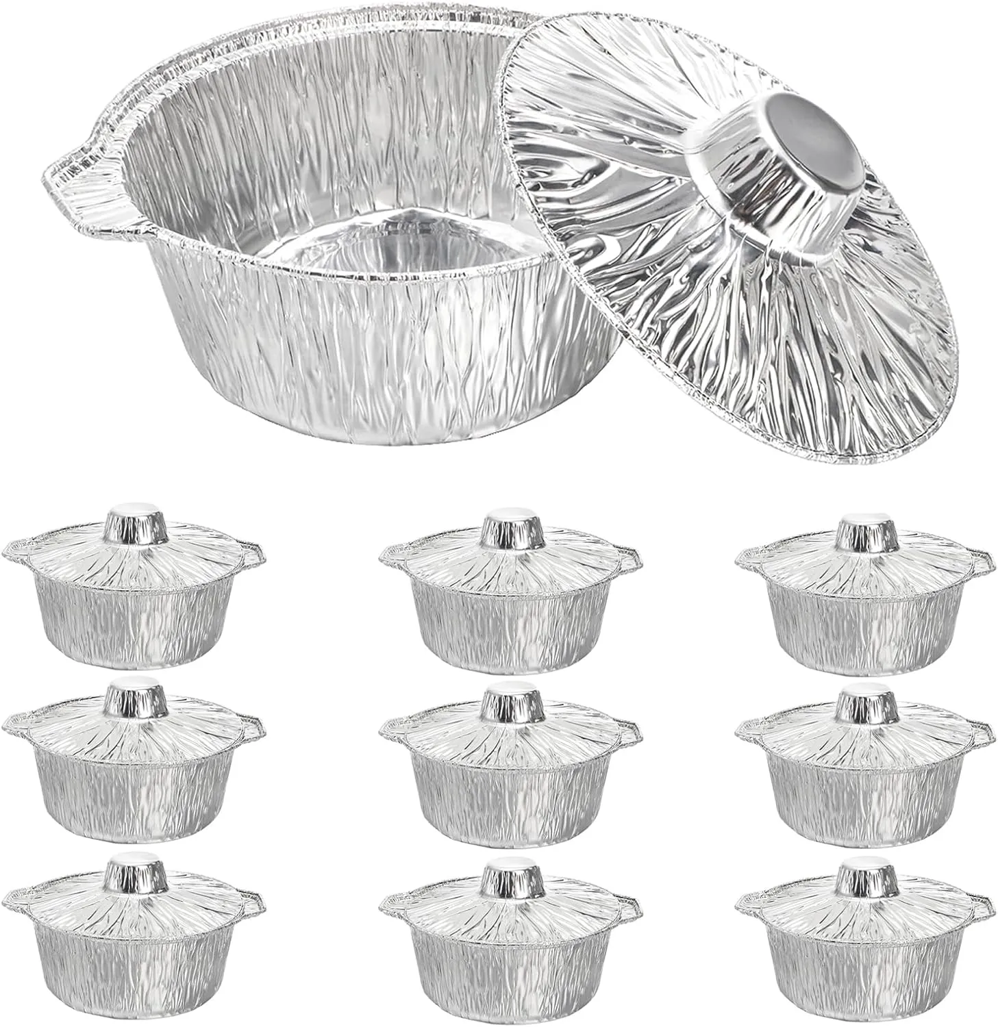 Frcctre 10 Pcs Disposable Aluminum Pot with Lid, Disposable 2 Liter Round Foil Pan Food Container for Camping Vacation Trips Picnic Heating Cooking