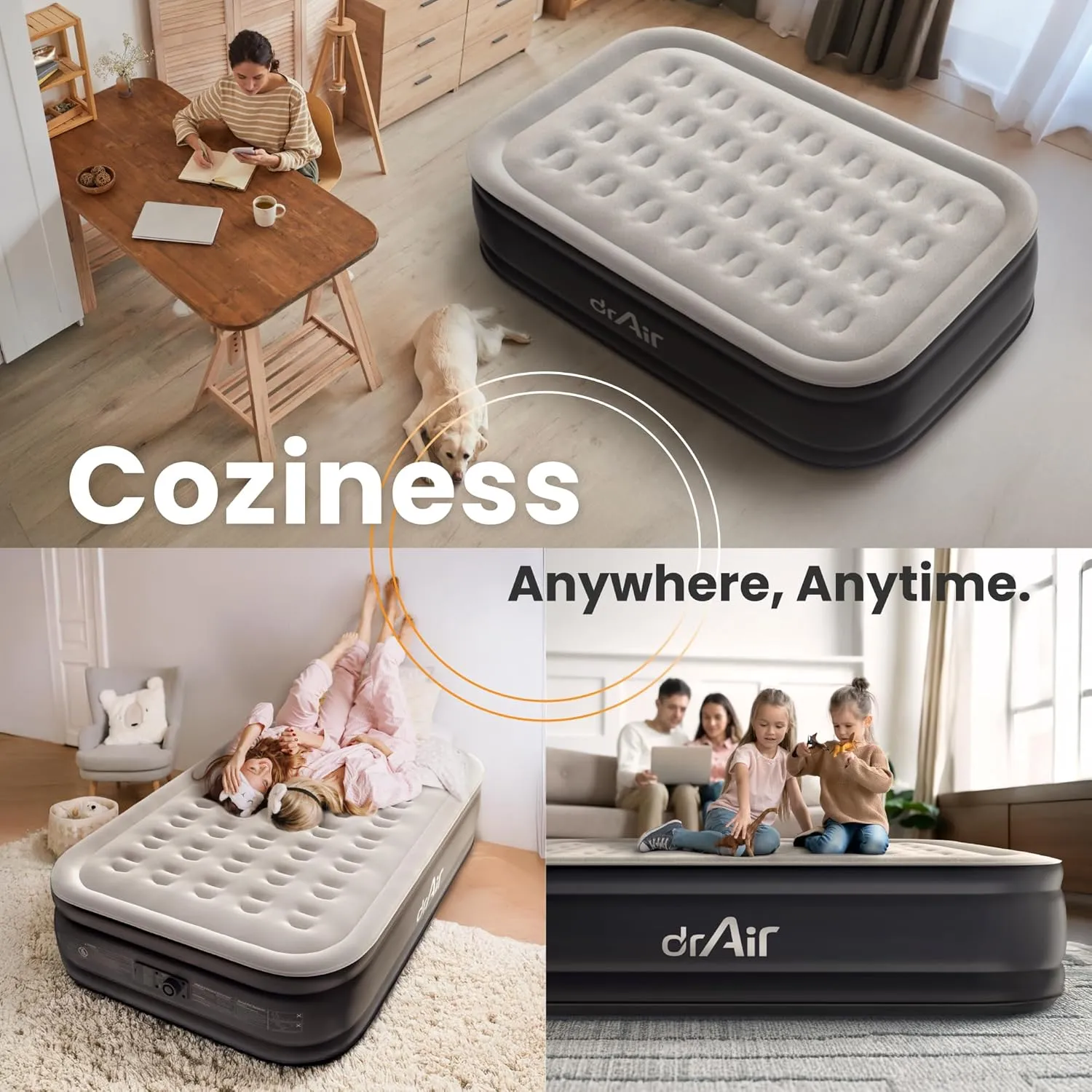 Full Air Mattress, 18” Raised Inflatable Bed with Built-in Pump, Waterproof Velvety Top, Ergonomic Design, Reinforced Support, and Carry Bag for Home, Camping, and Guests