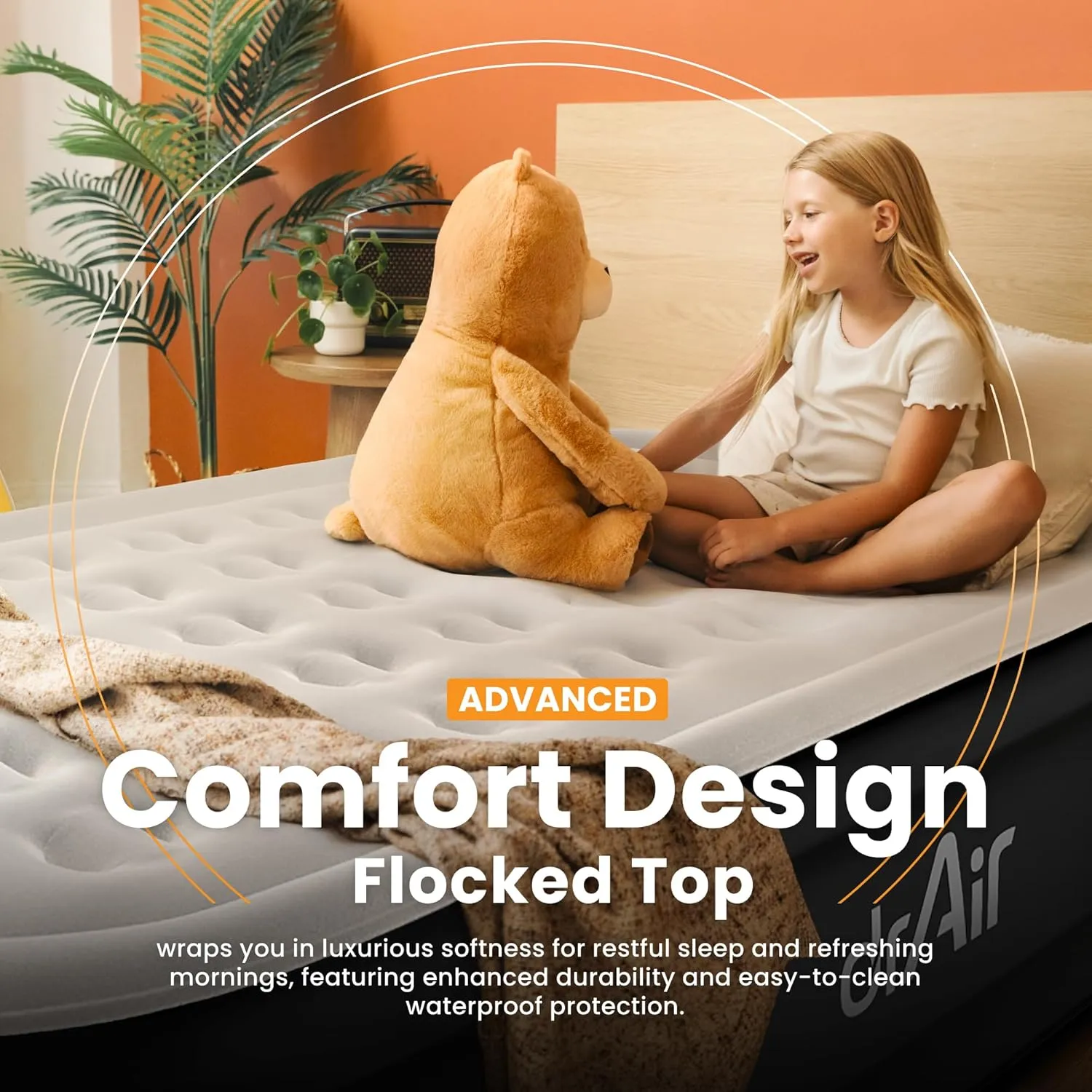 Full Air Mattress, 18” Raised Inflatable Bed with Built-in Pump, Waterproof Velvety Top, Ergonomic Design, Reinforced Support, and Carry Bag for Home, Camping, and Guests