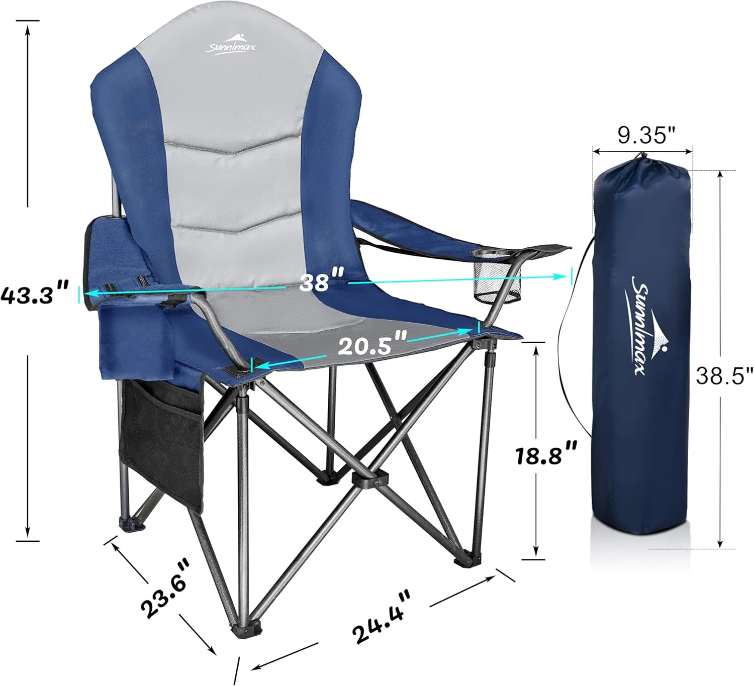 Fully Padded Camping Chair, Oversized Heavy Duty Lawn Chair with Cooler Bag,Side Pocket,Cup Holder Support 400 lbs