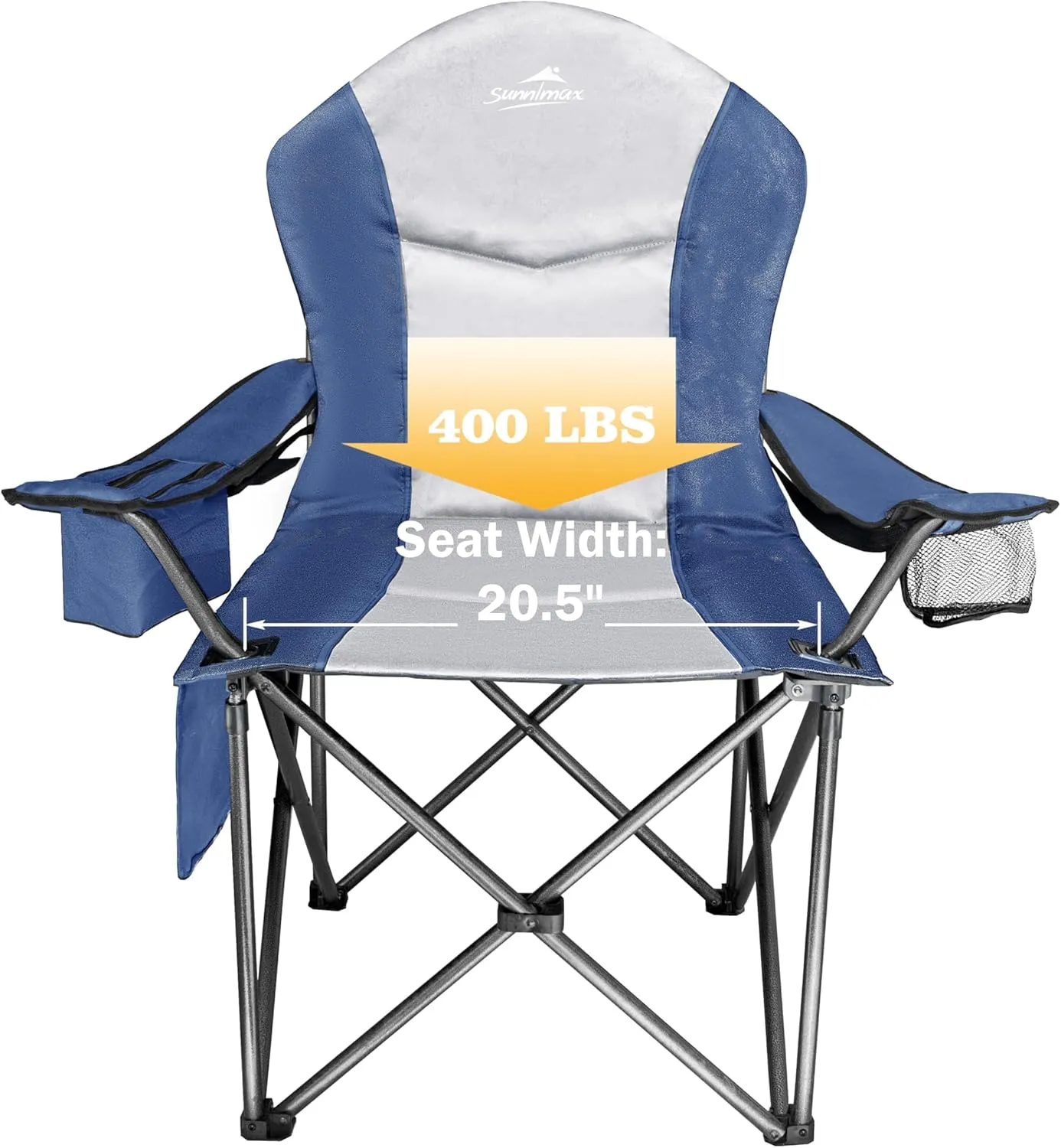 Fully Padded Camping Chair, Oversized Heavy Duty Lawn Chair with Cooler Bag,Side Pocket,Cup Holder Support 400 lbs