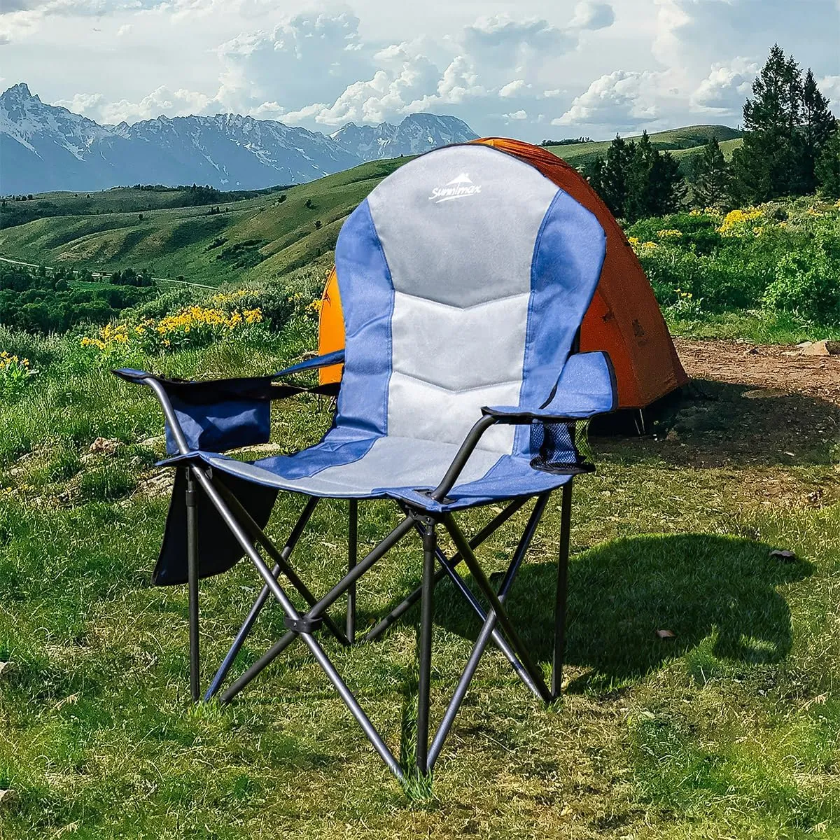 Fully Padded Camping Chair, Oversized Heavy Duty Lawn Chair with Cooler Bag,Side Pocket,Cup Holder Support 400 lbs