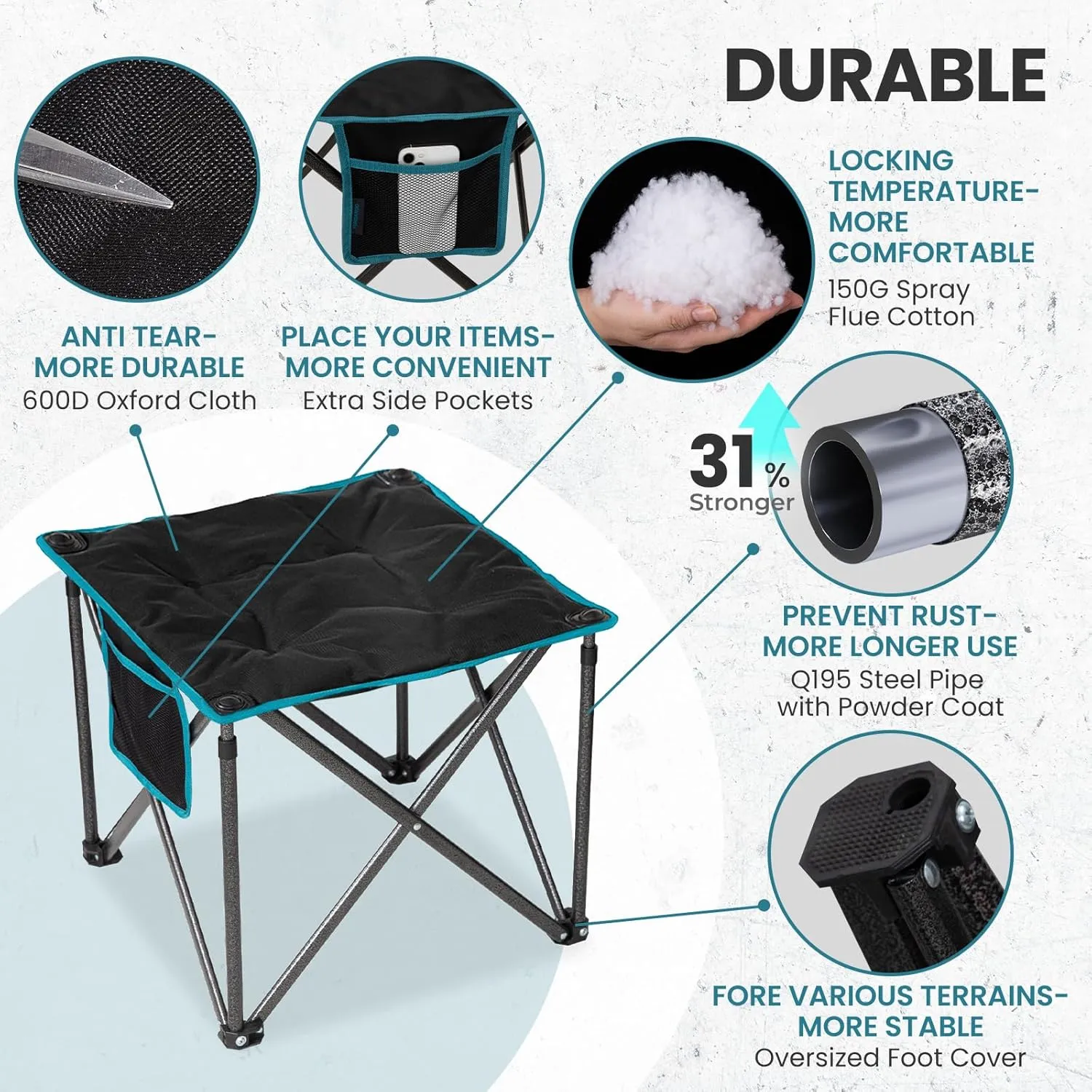 FUNDANGO Folding Camping Stool, 18.1 Inch Oversized Foot Stools 400 Lbs Heavy Duty Portable Padded Seat Anti-Slip Foots & Carry Bag for Fishing Outdoor Lawn Travel (Black)