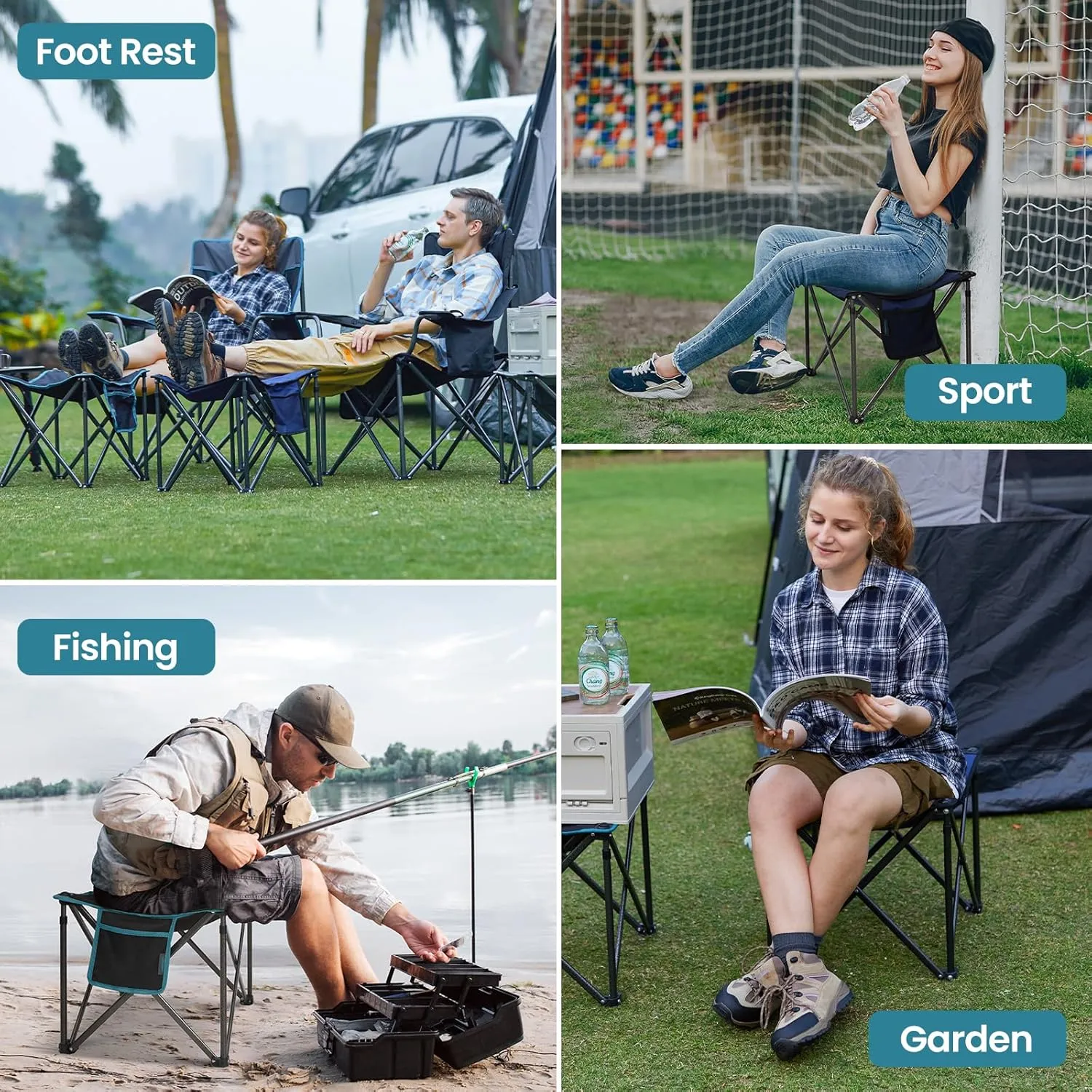 FUNDANGO Folding Camping Stool, 18.1 Inch Oversized Foot Stools 400 Lbs Heavy Duty Portable Padded Seat Anti-Slip Foots & Carry Bag for Fishing Outdoor Lawn Travel (Black)