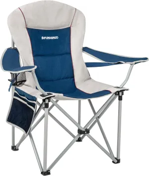 FUNDANGO Folding Chairs for Outside, Camping Chairs for Adults with Lumbar Back, Lawn Chairs Folding Quad Arm Chair with Carry Bag, Oversized, Blue/Beige