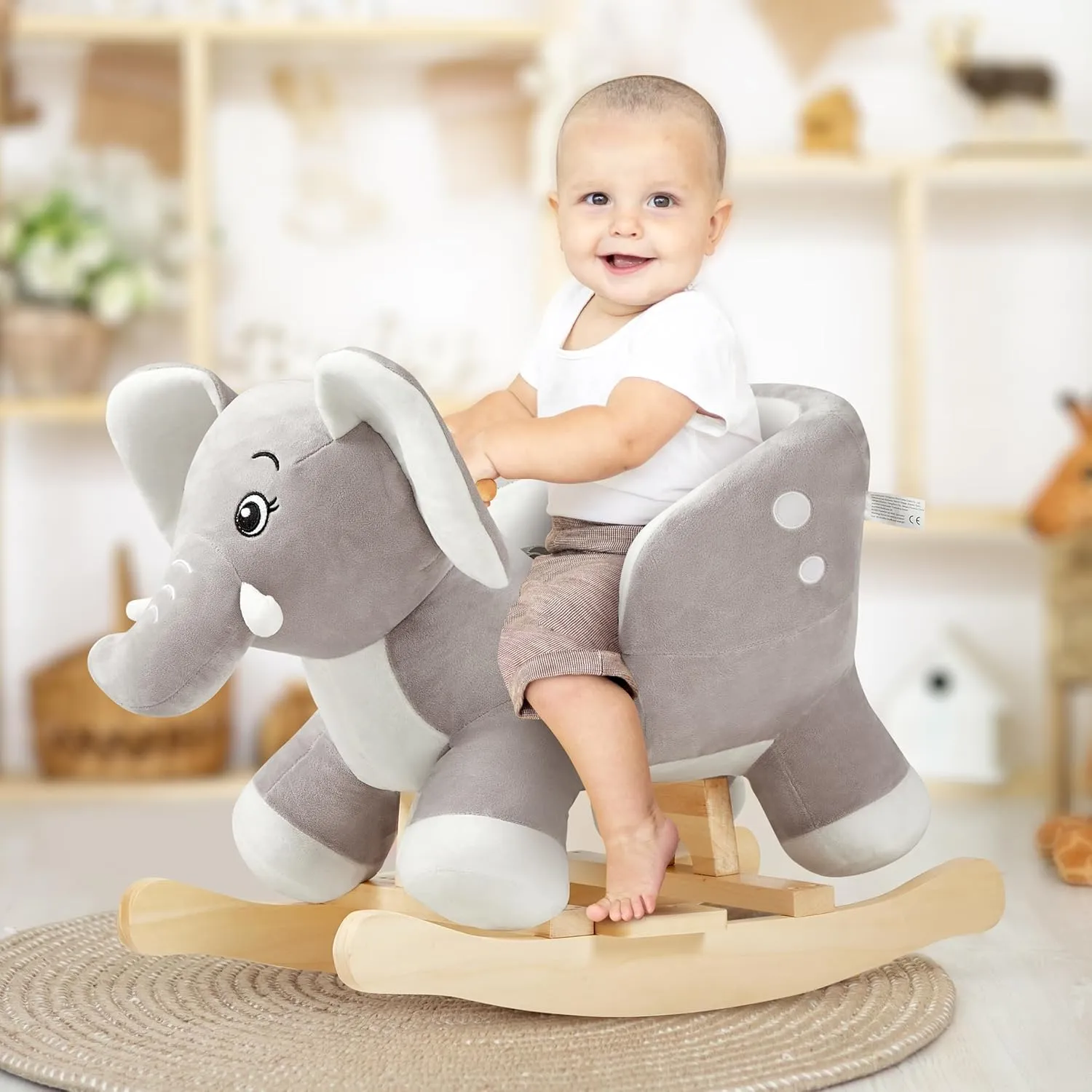 FUNLIO Elephant Baby Rocking Horse for Toddlers 6 Months to 3 Years, Cute & Graceful Grey Elephant Baby Rocker for Baby Girl, Stuffed Plush Ride-on Rocking Animal, Easy to Assemble, CPC & CE Certified