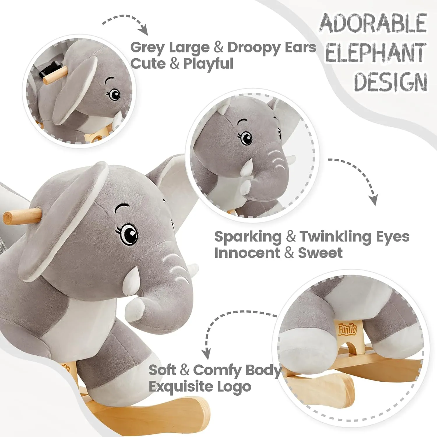 FUNLIO Elephant Baby Rocking Horse for Toddlers 6 Months to 3 Years, Cute & Graceful Grey Elephant Baby Rocker for Baby Girl, Stuffed Plush Ride-on Rocking Animal, Easy to Assemble, CPC & CE Certified