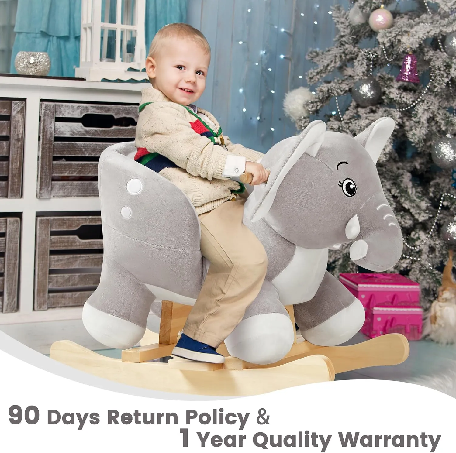FUNLIO Elephant Baby Rocking Horse for Toddlers 6 Months to 3 Years, Cute & Graceful Grey Elephant Baby Rocker for Baby Girl, Stuffed Plush Ride-on Rocking Animal, Easy to Assemble, CPC & CE Certified