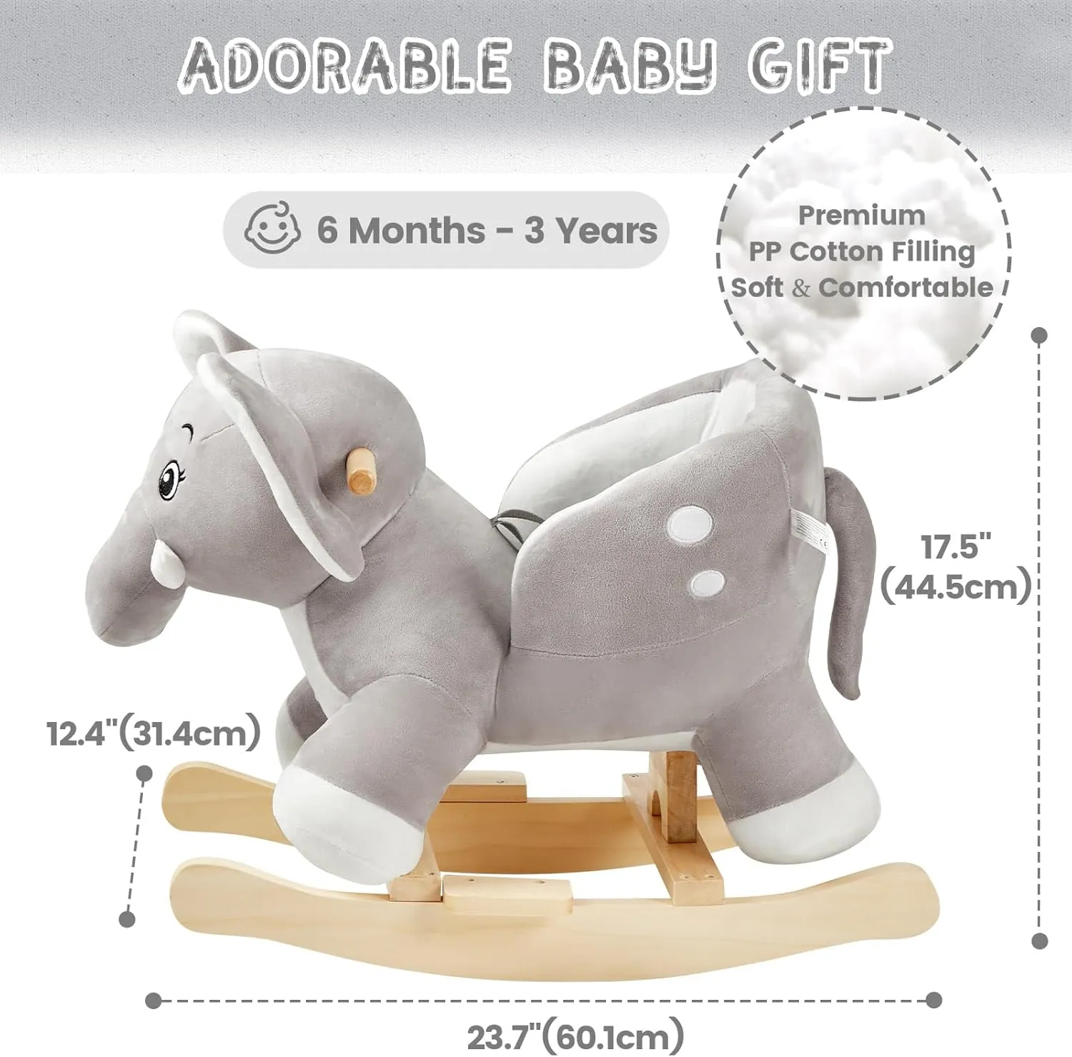 FUNLIO Elephant Baby Rocking Horse for Toddlers 6 Months to 3 Years, Cute & Graceful Grey Elephant Baby Rocker for Baby Girl, Stuffed Plush Ride-on Rocking Animal, Easy to Assemble, CPC & CE Certified