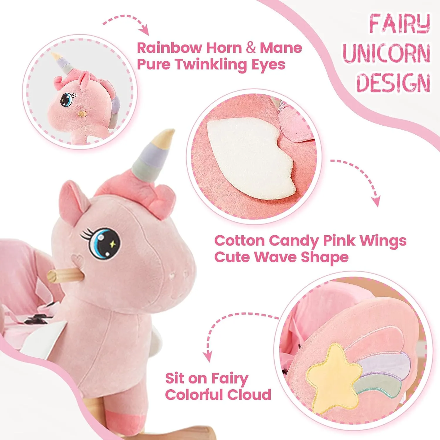 FUNLIO Unicorn Baby Rocking Horse, Pink Fairy Unicorn Rocking Horse for Toddlers 6 Months to 3 Years, Stuffed Ride-on Animal Baby Rocker, Easy to Assemble, CPC & CE Certified
