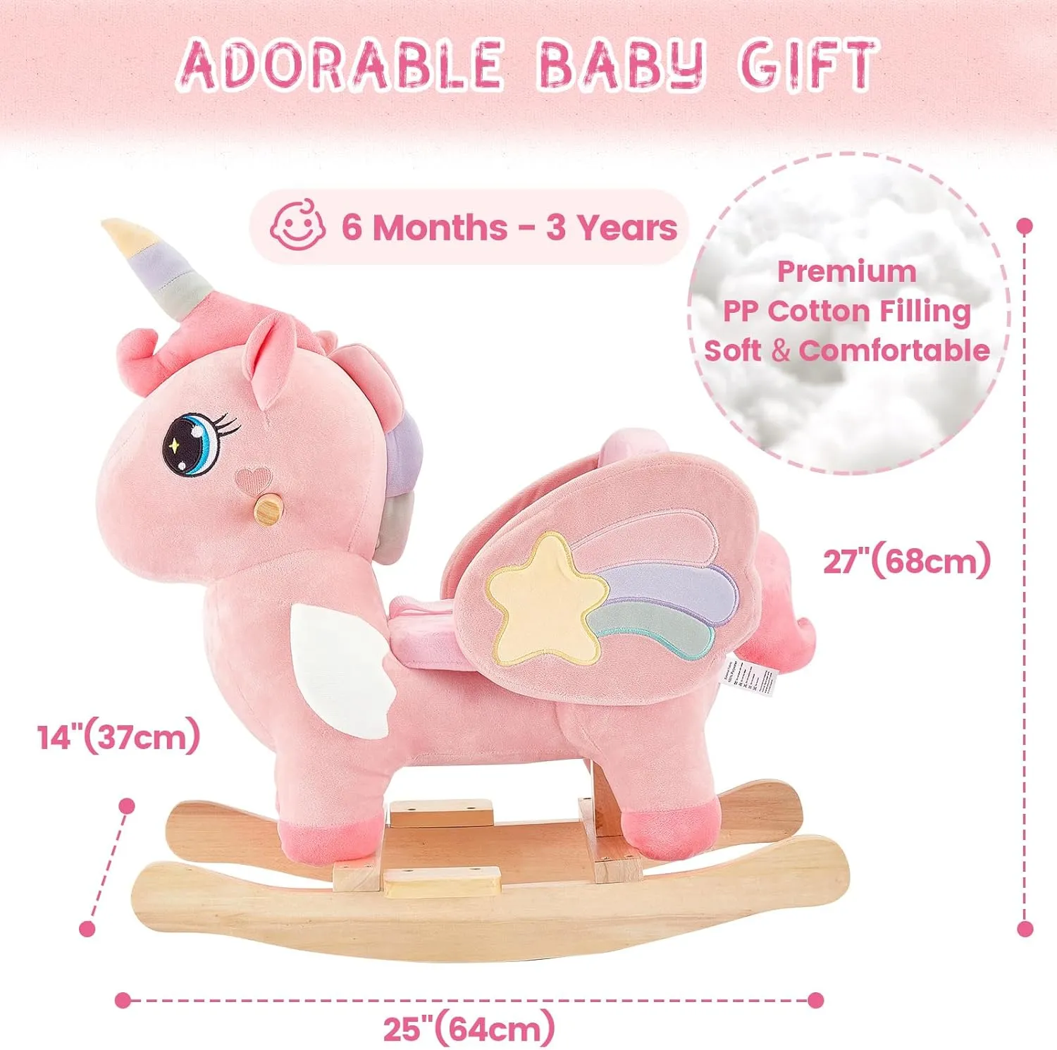 FUNLIO Unicorn Baby Rocking Horse, Pink Fairy Unicorn Rocking Horse for Toddlers 6 Months to 3 Years, Stuffed Ride-on Animal Baby Rocker, Easy to Assemble, CPC & CE Certified