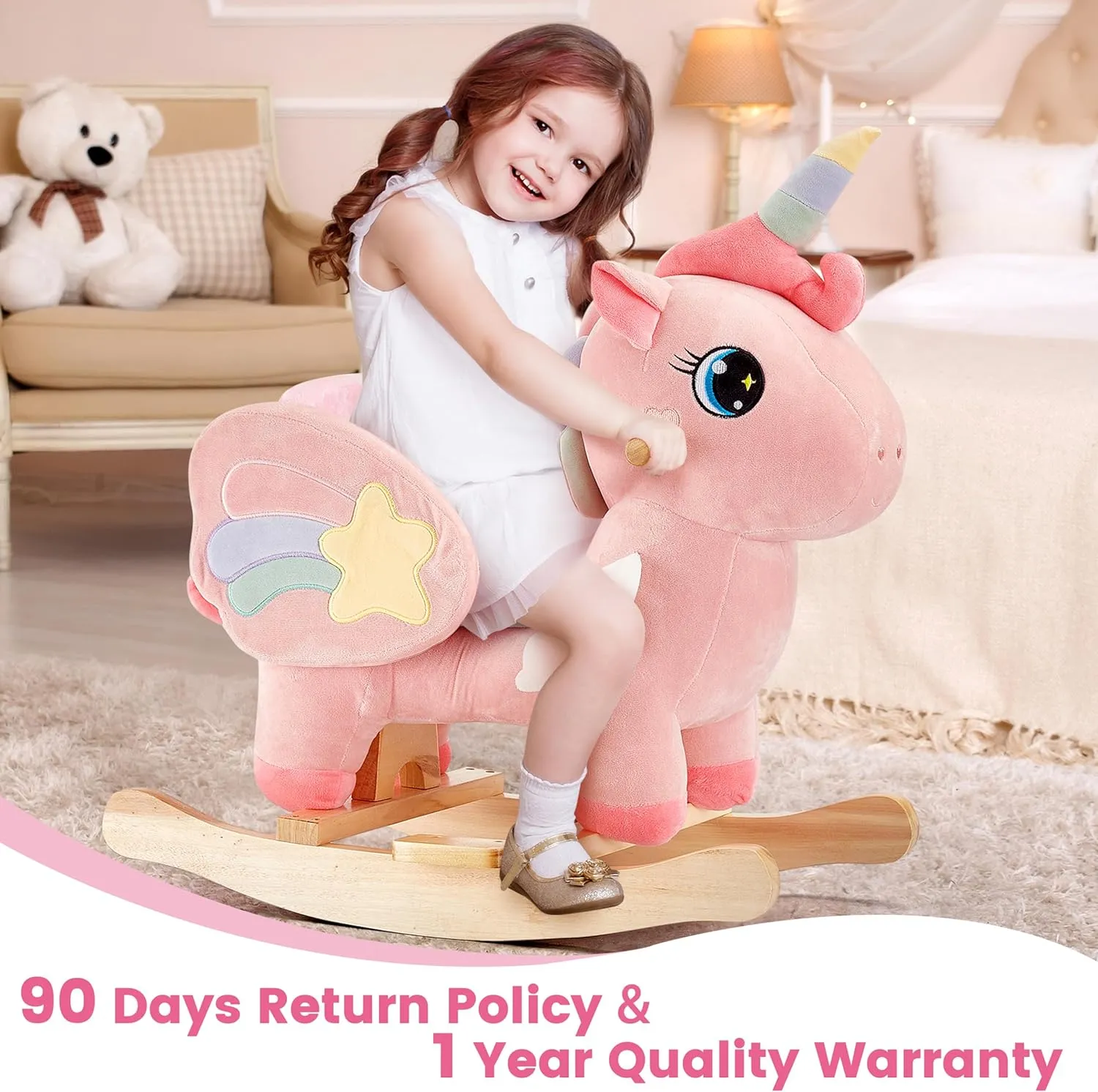 FUNLIO Unicorn Baby Rocking Horse, Pink Fairy Unicorn Rocking Horse for Toddlers 6 Months to 3 Years, Stuffed Ride-on Animal Baby Rocker, Easy to Assemble, CPC & CE Certified