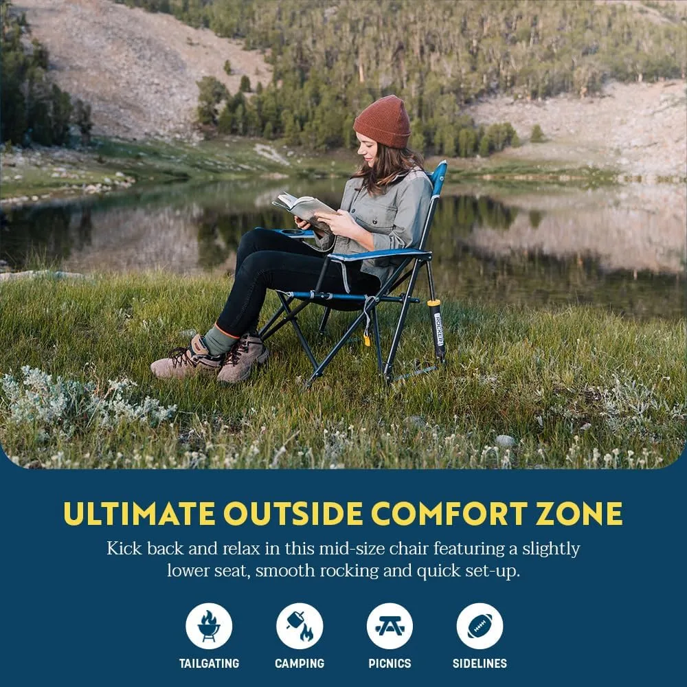 GCI OUTDOOR Kickback Rocker Camping Chair | Portable Folding Rocking Chair with Durable Armrests, Drink Holder & Relaxed Lowered Seat for Comfort — Loden Green