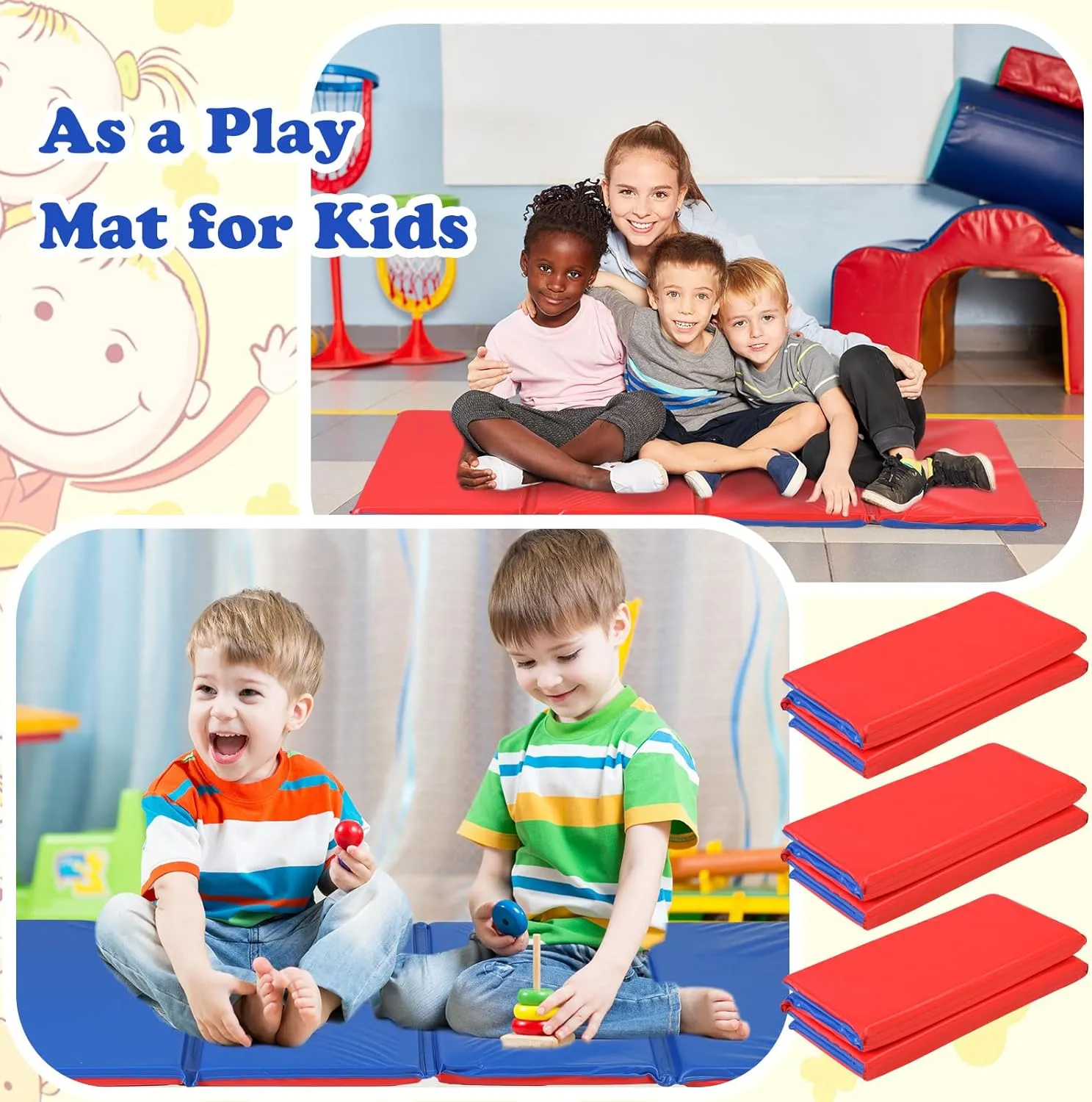 Geelin 6 Pack Folding Rest Mat Toddler Nap Mat Upgraded Folding Exercise Mat 1 Inch Thick Gymnastics Mat 4 Section Classroom Sleeping Mat for Yoga School Daycare Travel and Home