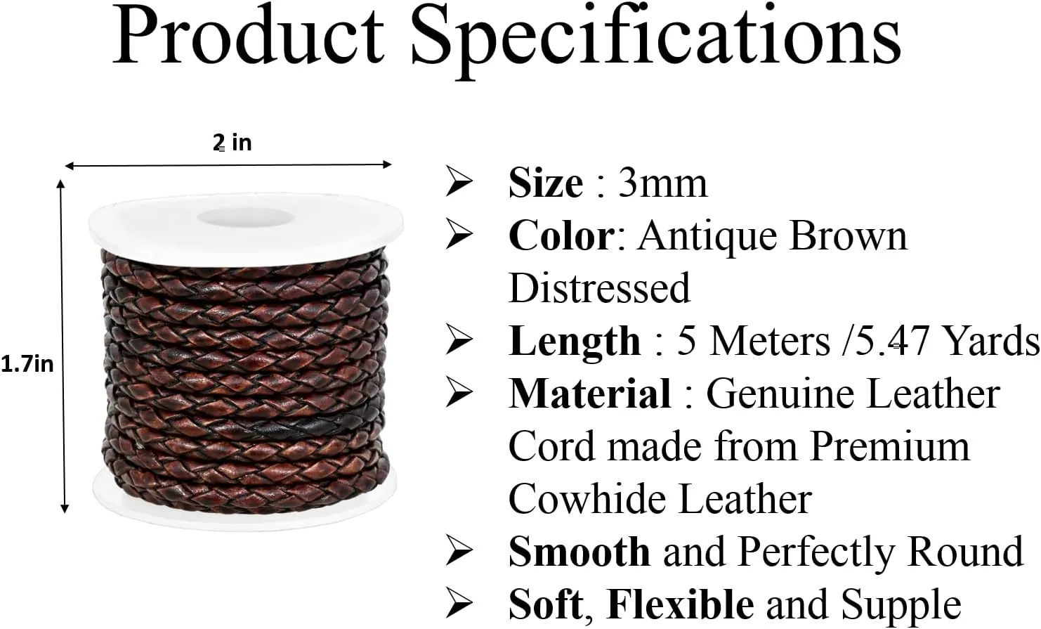 GENIQUE Real/Genuine Round Braided Leather Cord String Rope Folded, Leather Rope for Crafts, Jewelry Making, Necklace, Bracelets (5 Metres) (3mm, Antique Brown Distressed)