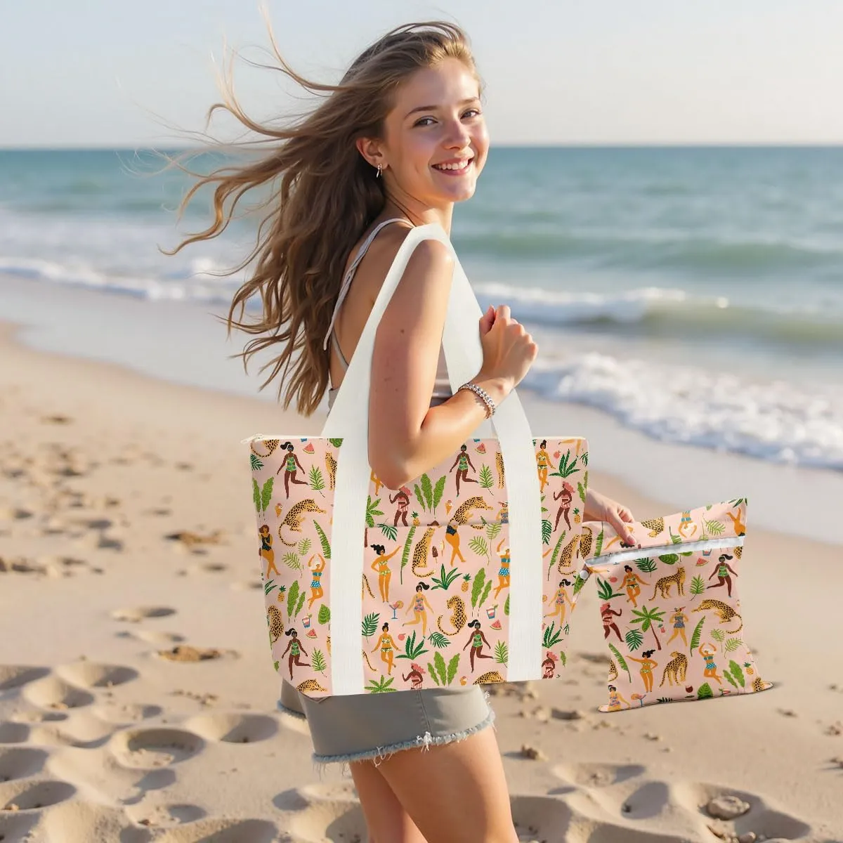 gfuhlre Beach Bag Wet Bag Waterproof Sandproof Women Beach Tote for Friends Travel Gifts with Wet Compartment for Pool Gym