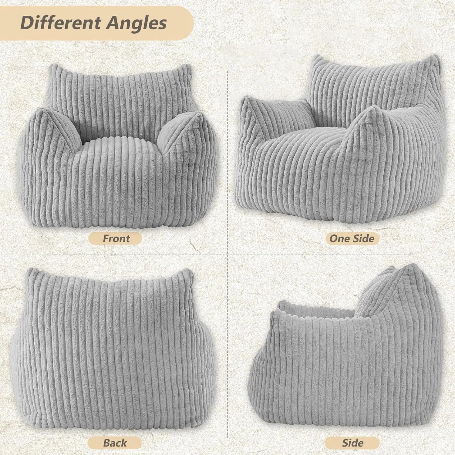 Giant Bean Bag Chairs for Adults Teens, Large Bean Bag Sofa Chairs with Filling Comfy Fuzzy BeanBag Chair with Armrests for Bedroom Living Room Reading