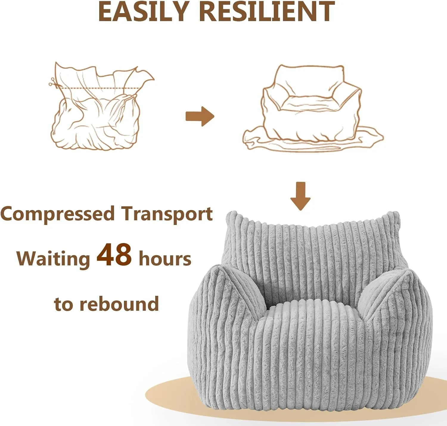 Giant Bean Bag Chairs for Adults Teens, Large Bean Bag Sofa Chairs with Filling Comfy Fuzzy BeanBag Chair with Armrests for Bedroom Living Room Reading