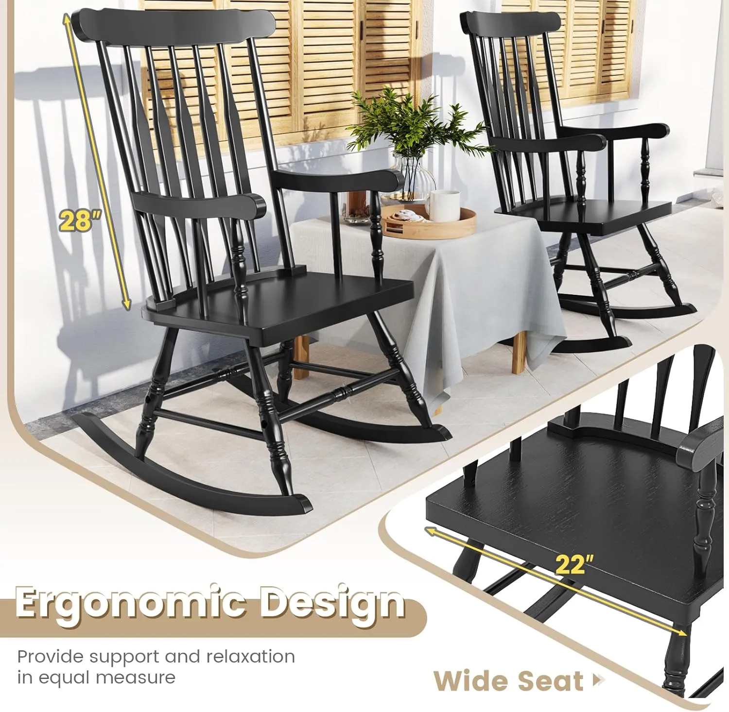 Giantex Outdoor Wood Rocking Chair - Patio Rocking Chair with Solid Rubber Wood Frame, Slat Back, Outside & Indoor Rocker for Garden, Poolside, Balcony, Backyard, Lawn, Front Porch Rocker, Black