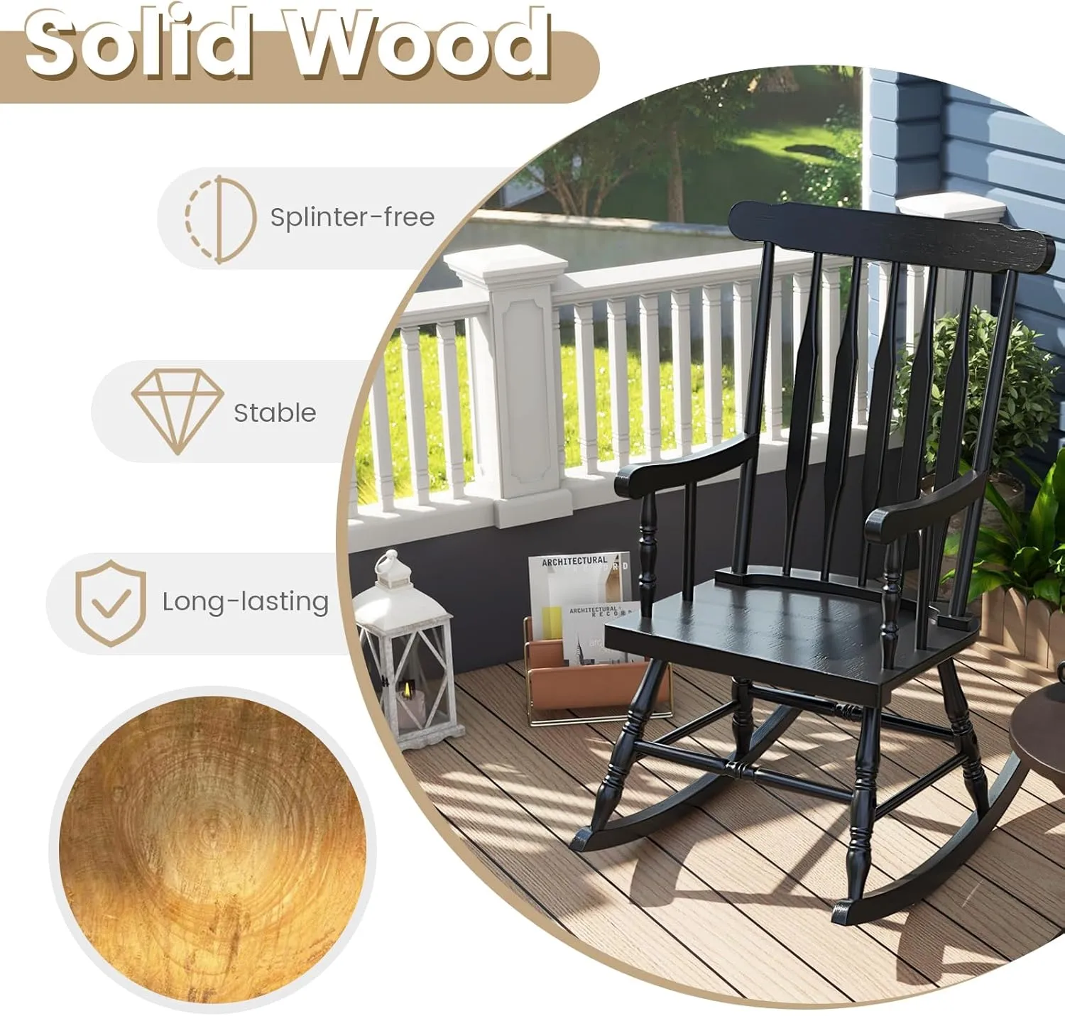 Giantex Outdoor Wood Rocking Chair - Patio Rocking Chair with Solid Rubber Wood Frame, Slat Back, Outside & Indoor Rocker for Garden, Poolside, Balcony, Backyard, Lawn, Front Porch Rocker, Black