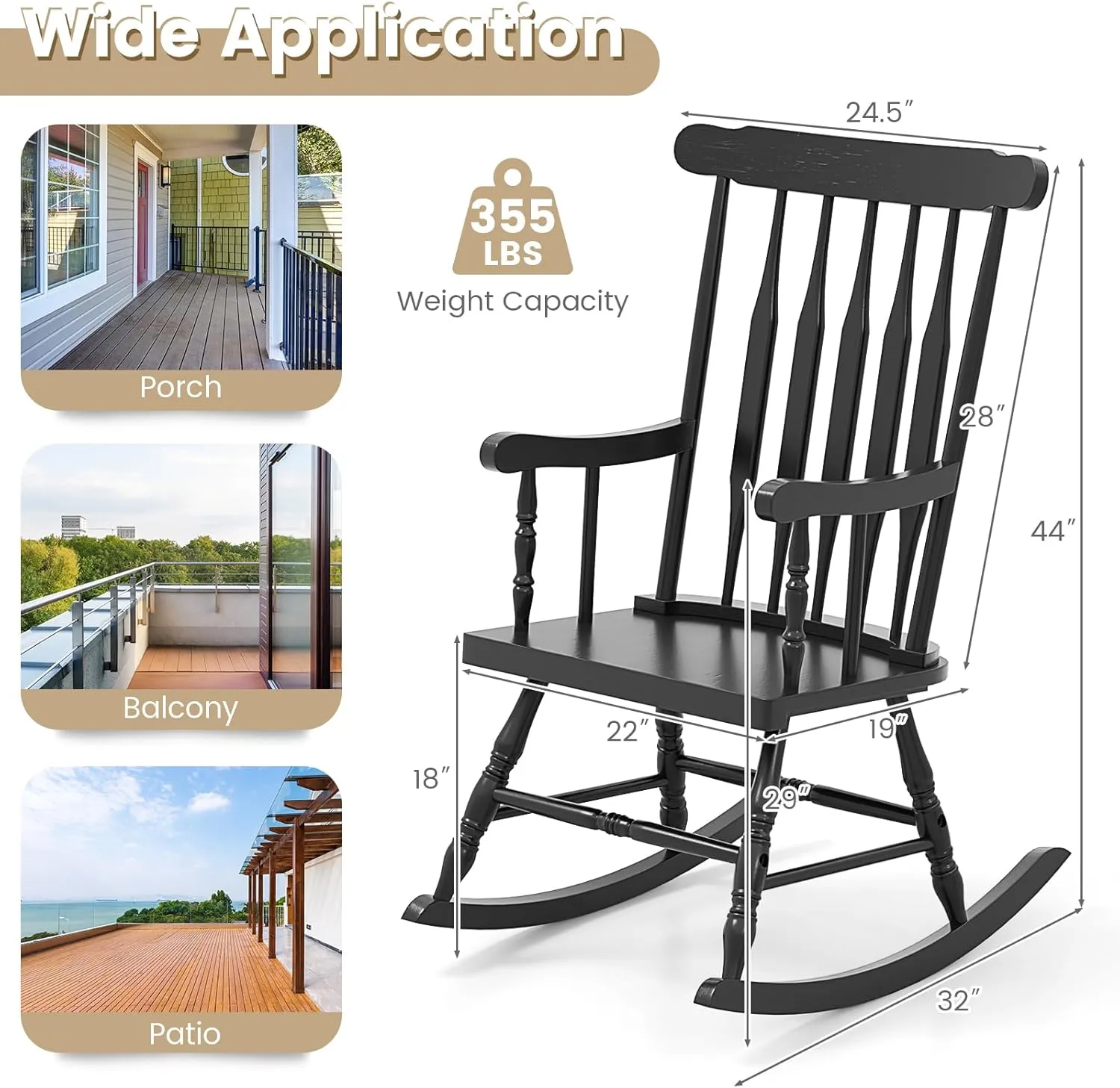 Giantex Outdoor Wood Rocking Chair - Patio Rocking Chair with Solid Rubber Wood Frame, Slat Back, Outside & Indoor Rocker for Garden, Poolside, Balcony, Backyard, Lawn, Front Porch Rocker, Black
