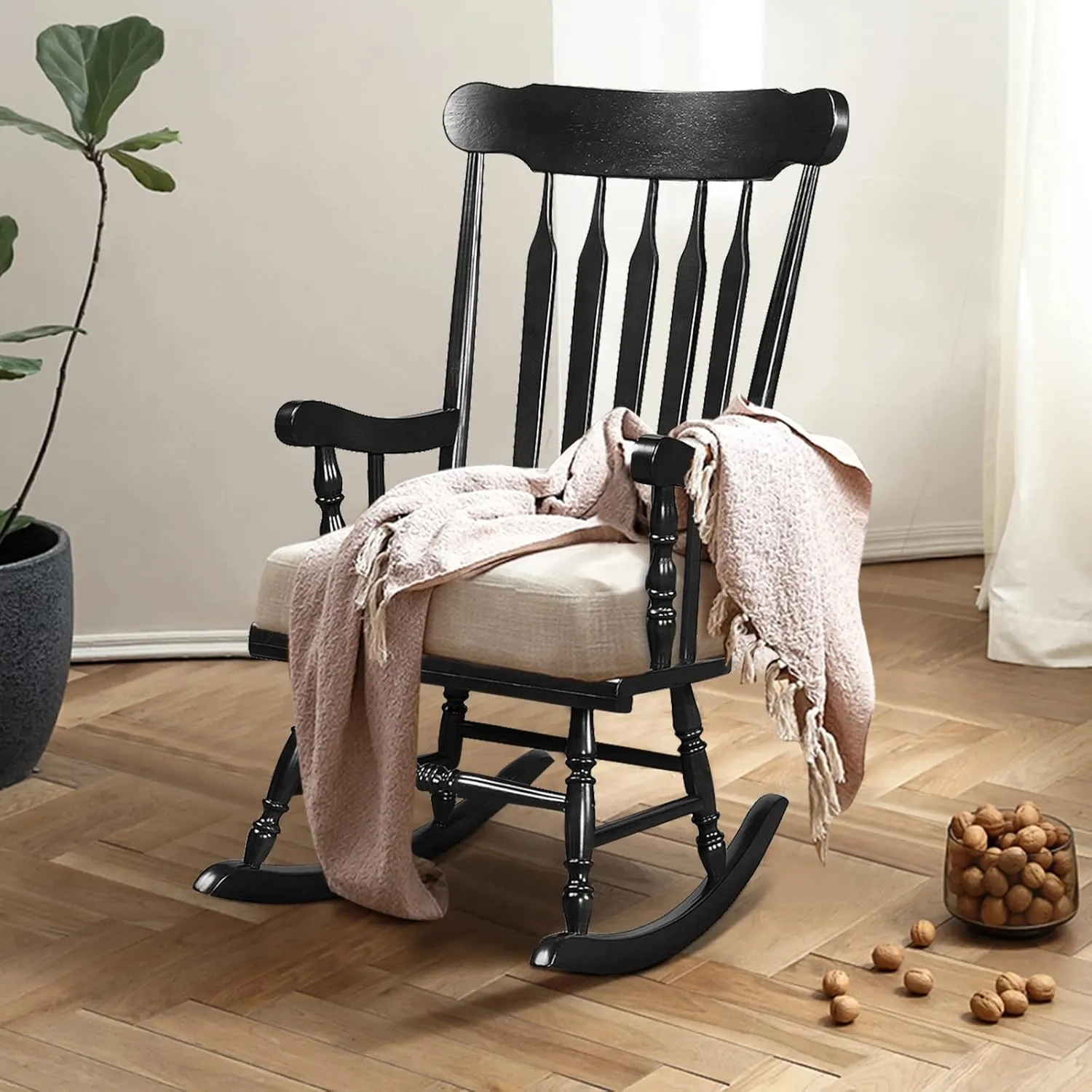 Giantex Outdoor Wood Rocking Chair - Patio Rocking Chair with Solid Rubber Wood Frame, Slat Back, Outside & Indoor Rocker for Garden, Poolside, Balcony, Backyard, Lawn, Front Porch Rocker, Black